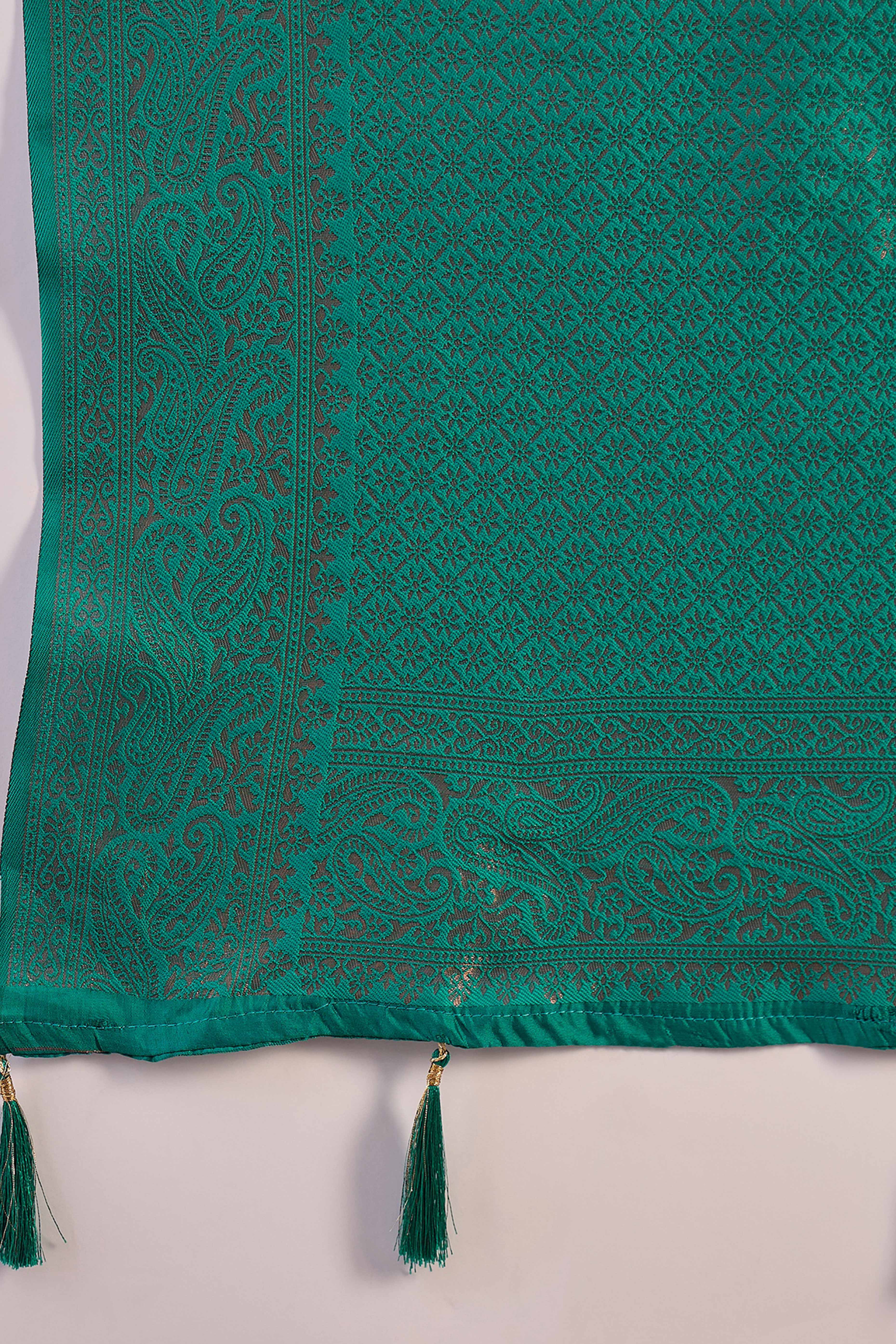 Rama Green Woven Poly Silk Blend Saree Featuring Floral & Paisley Motifs With Tassel Accents - Image 8