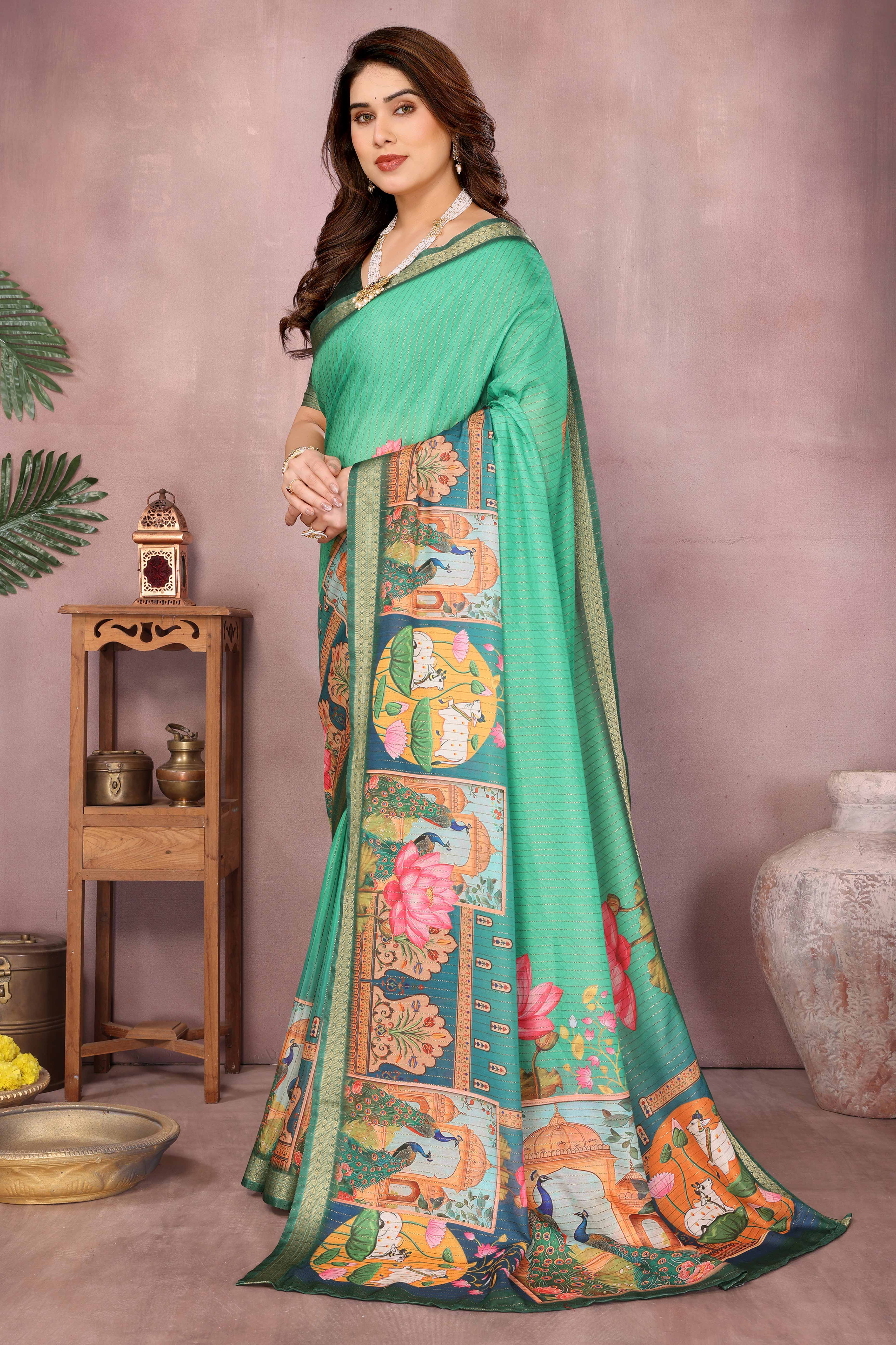 Rama Green Zari Woven Saree with Floral Motifs in Cotton Blend Fabric - Image 3