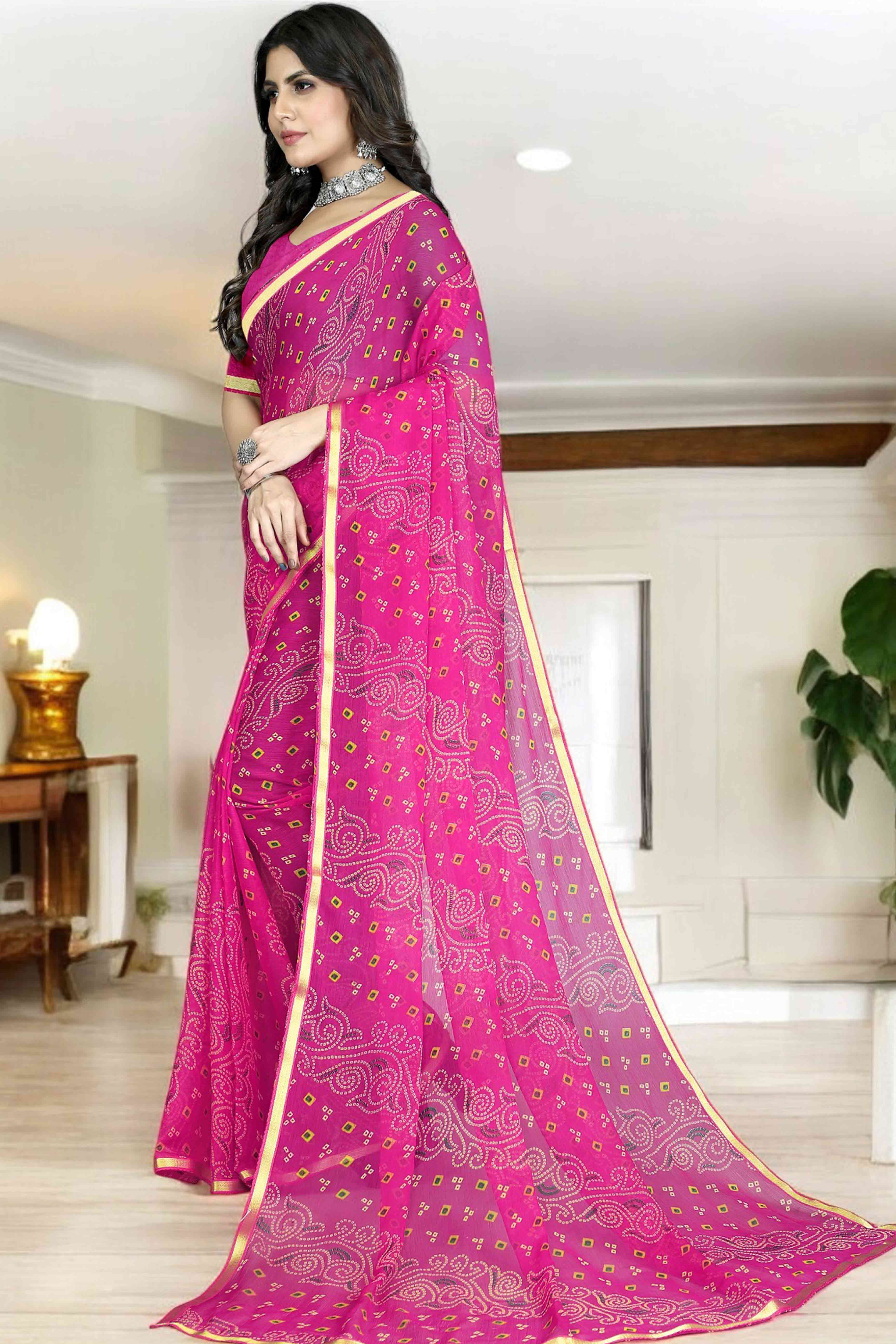 Rani Pink Bandhani Printed Chiffon Saree With Lace Border - Image 3