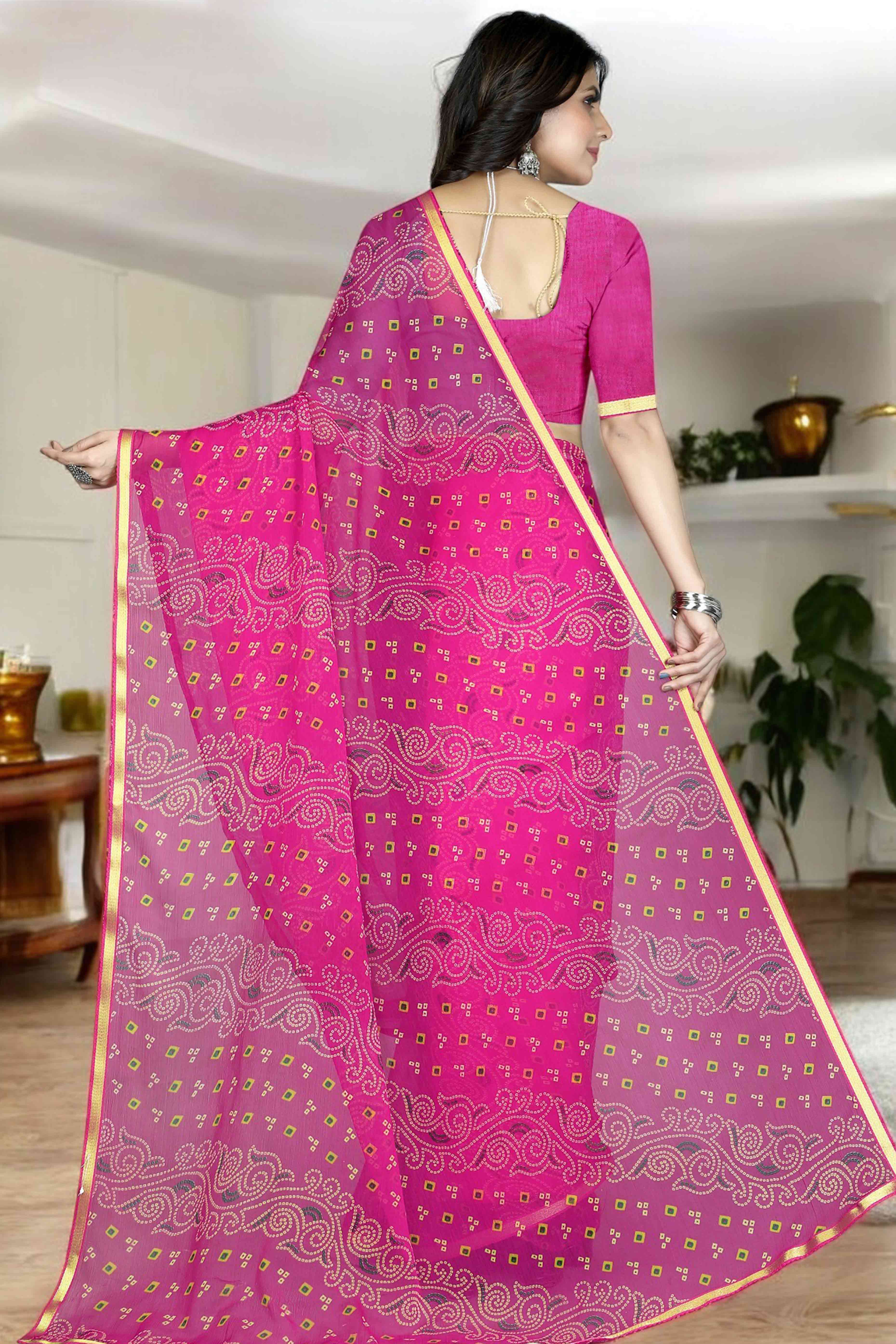 Rani Pink Bandhani Printed Chiffon Saree With Lace Border - Image 4