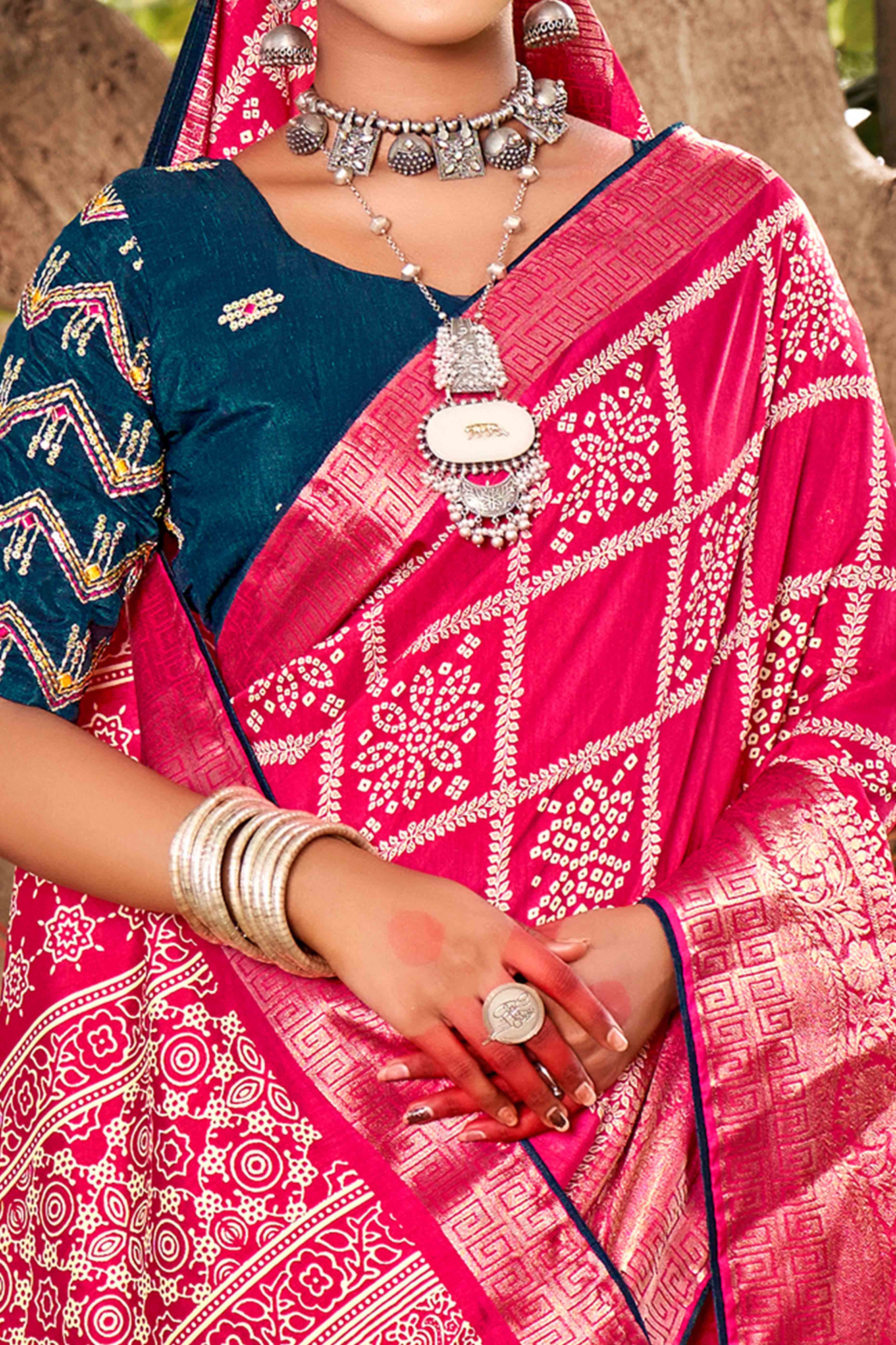 Rani Pink Bandhani Printed Dola Silk Saree With Jacquard Border - Image 2