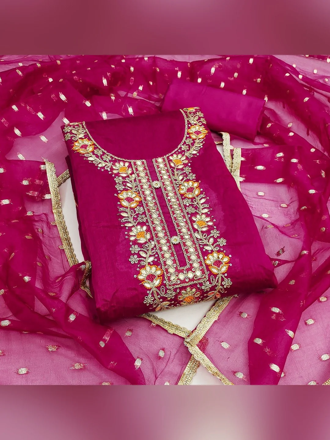 Rani Pink Chanderi Silk Dress Material Showcasing Floral Embroidery & Artisanal Gota Patti Work - Image 3