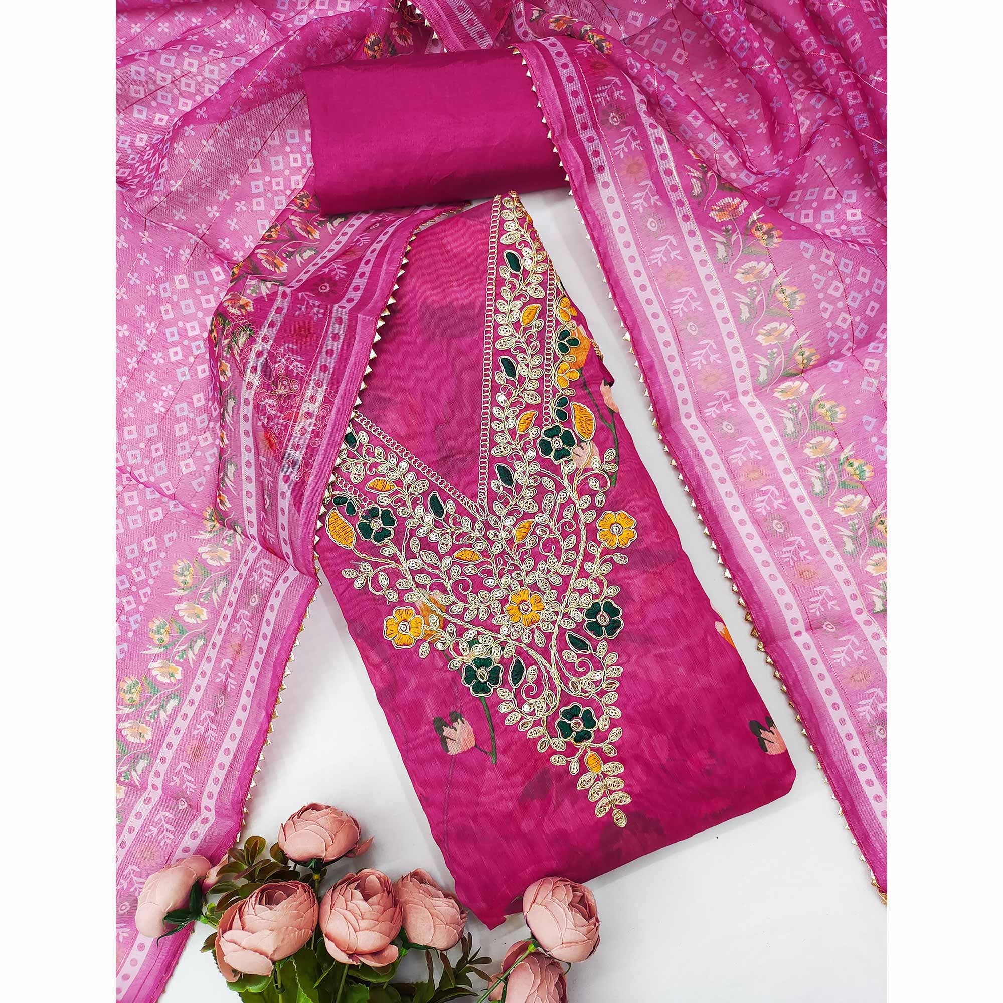 Rani Pink Chanderi Silk Dress Material With Digital Floral Print & Cording Embroidery Work - Image 3