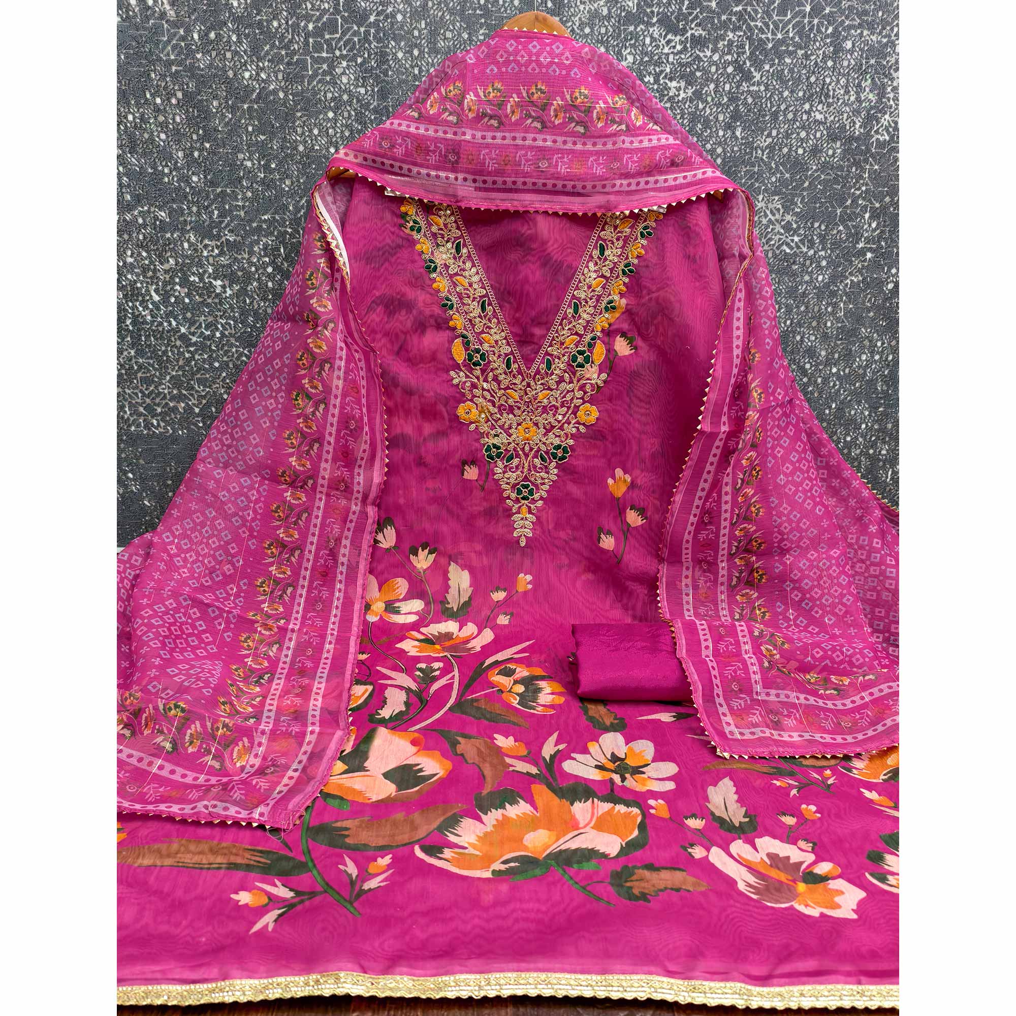 Rani Pink Chanderi Silk Dress Material With Digital Floral Print & Cording Embroidery Work - Image 4