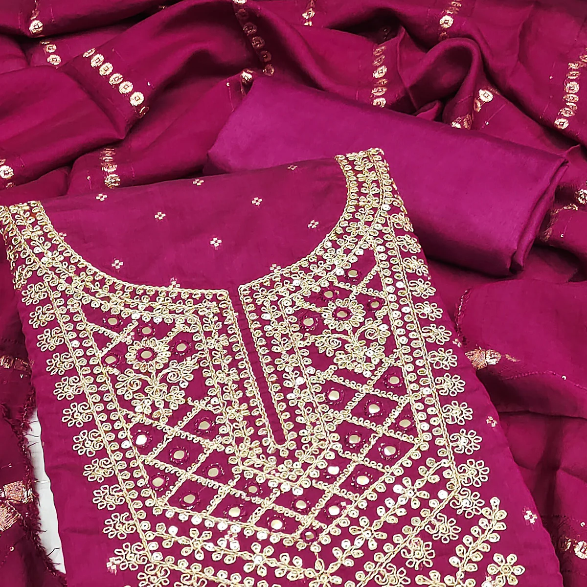 Rani Pink Chanderi Silk Dress Material With Intricate Floral Sequins Embroidery & Butti Work - Image 2