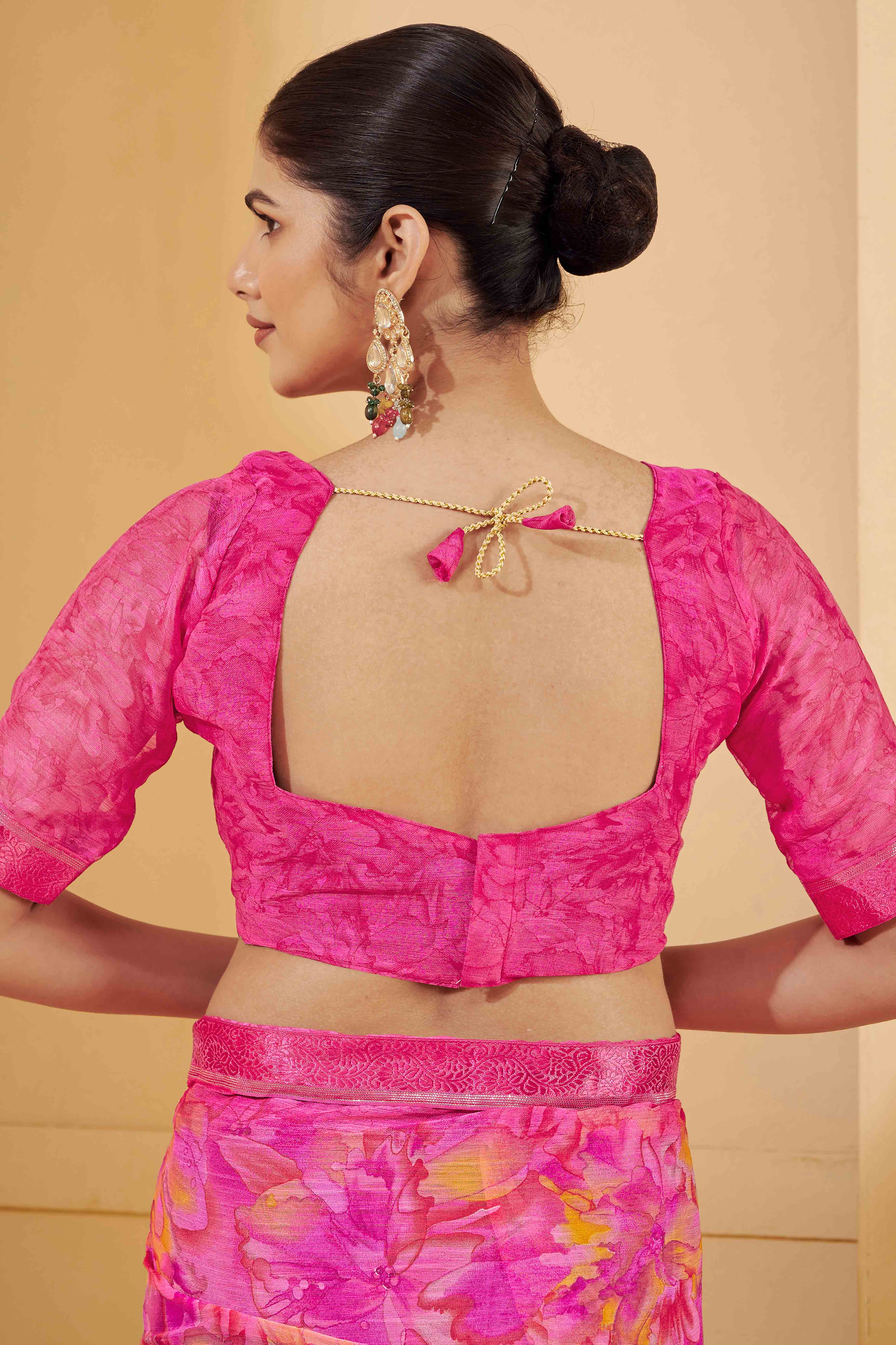 Rani Pink Chiffon Saree Adorned With Artistic Floral Print & Finely Crafted Woven Lace Border - Image 4