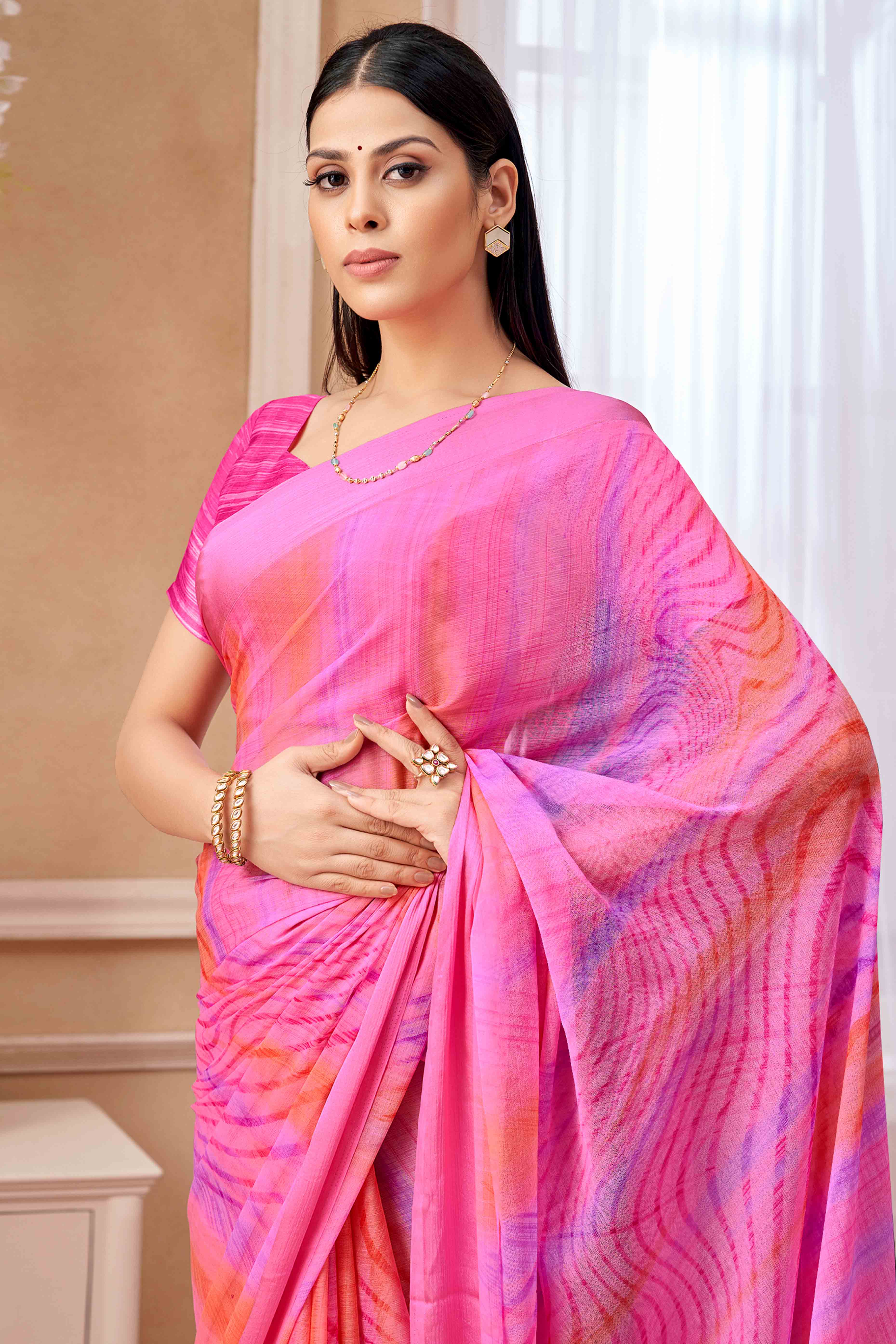 Rani Pink Chiffon Saree With Delicate Prints & Elegant Satin Woven Border - Image 3