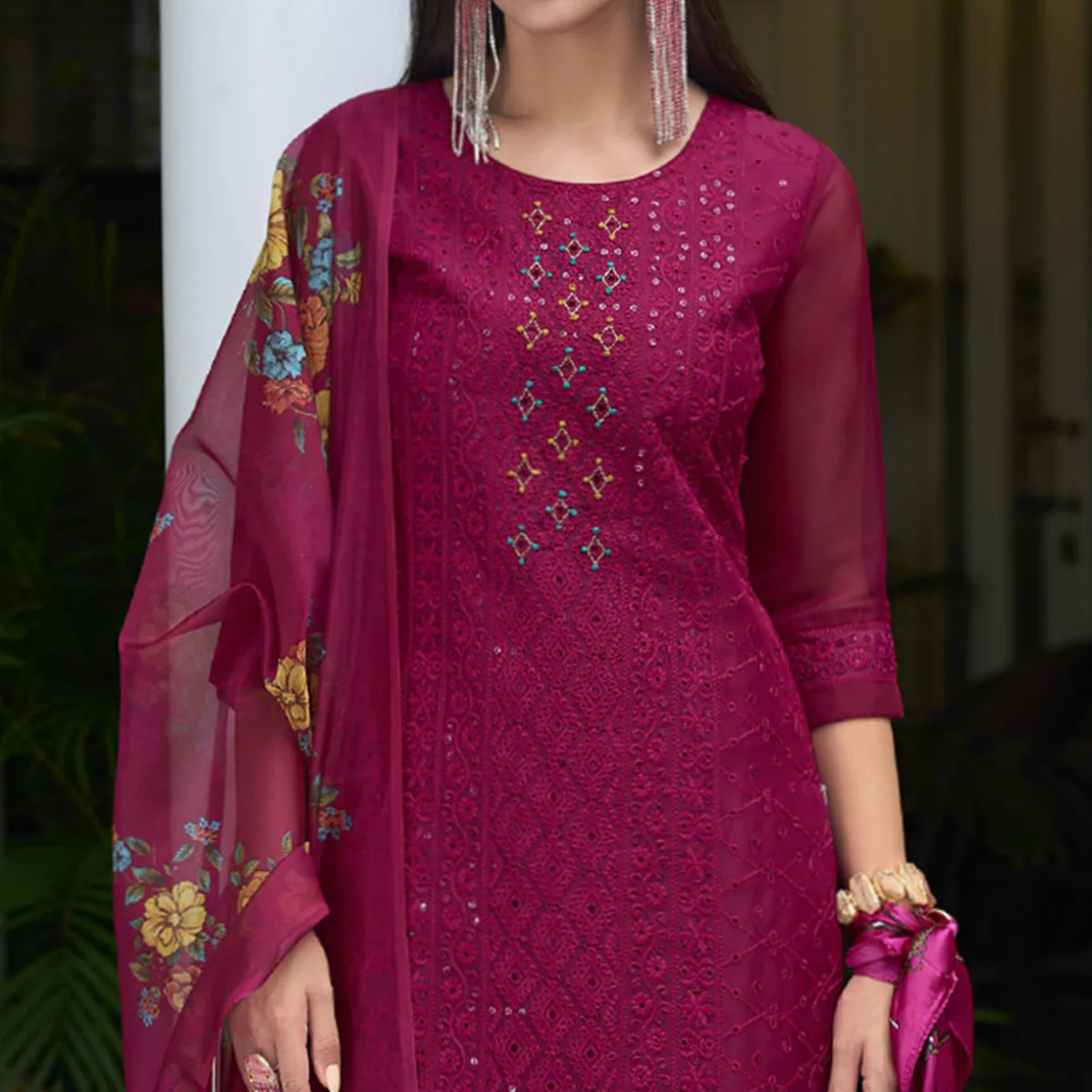 Rani Pink Chikankari With Handwork Organza Salwar Suit - Image 3