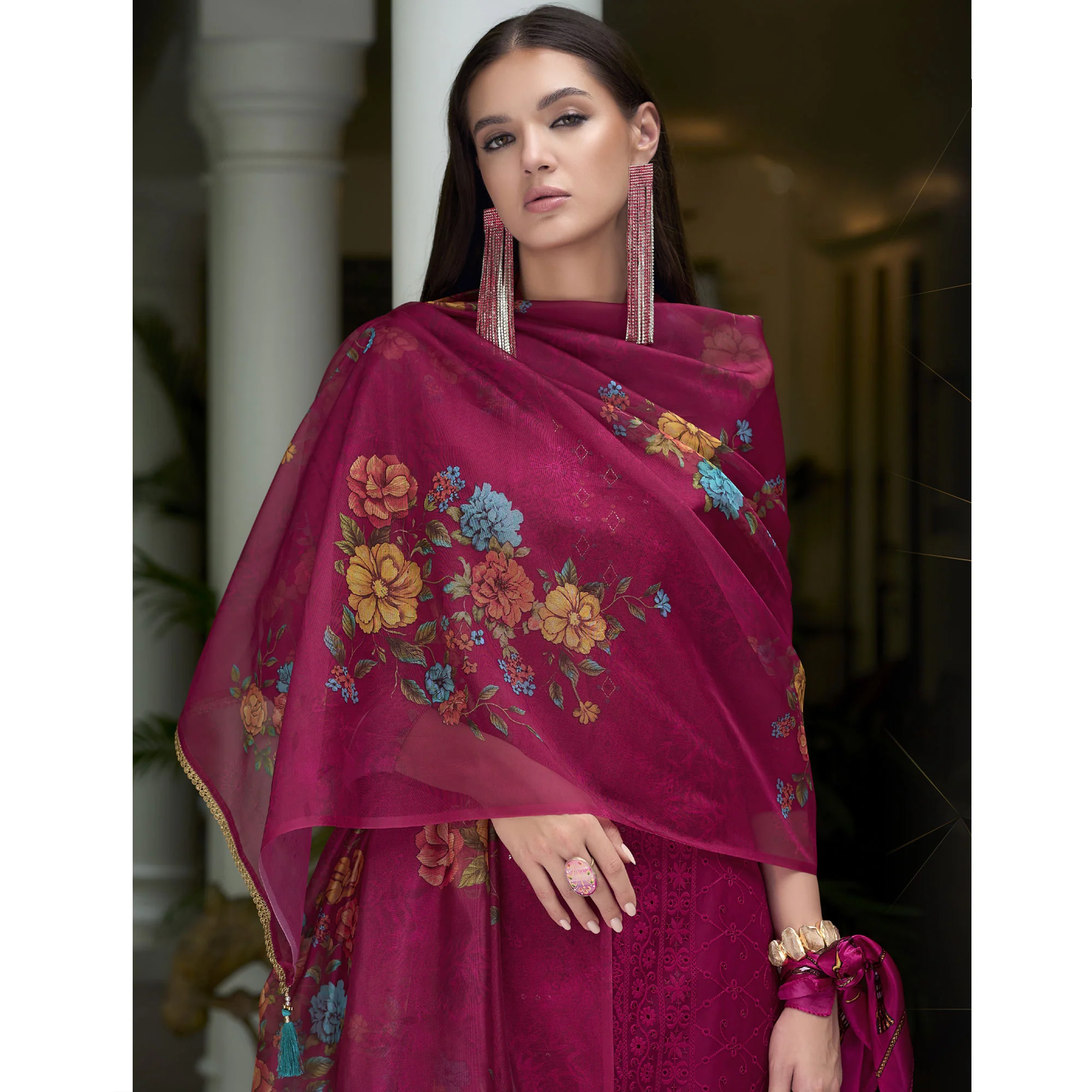 Rani Pink Chikankari With Handwork Organza Salwar Suit - Image 5