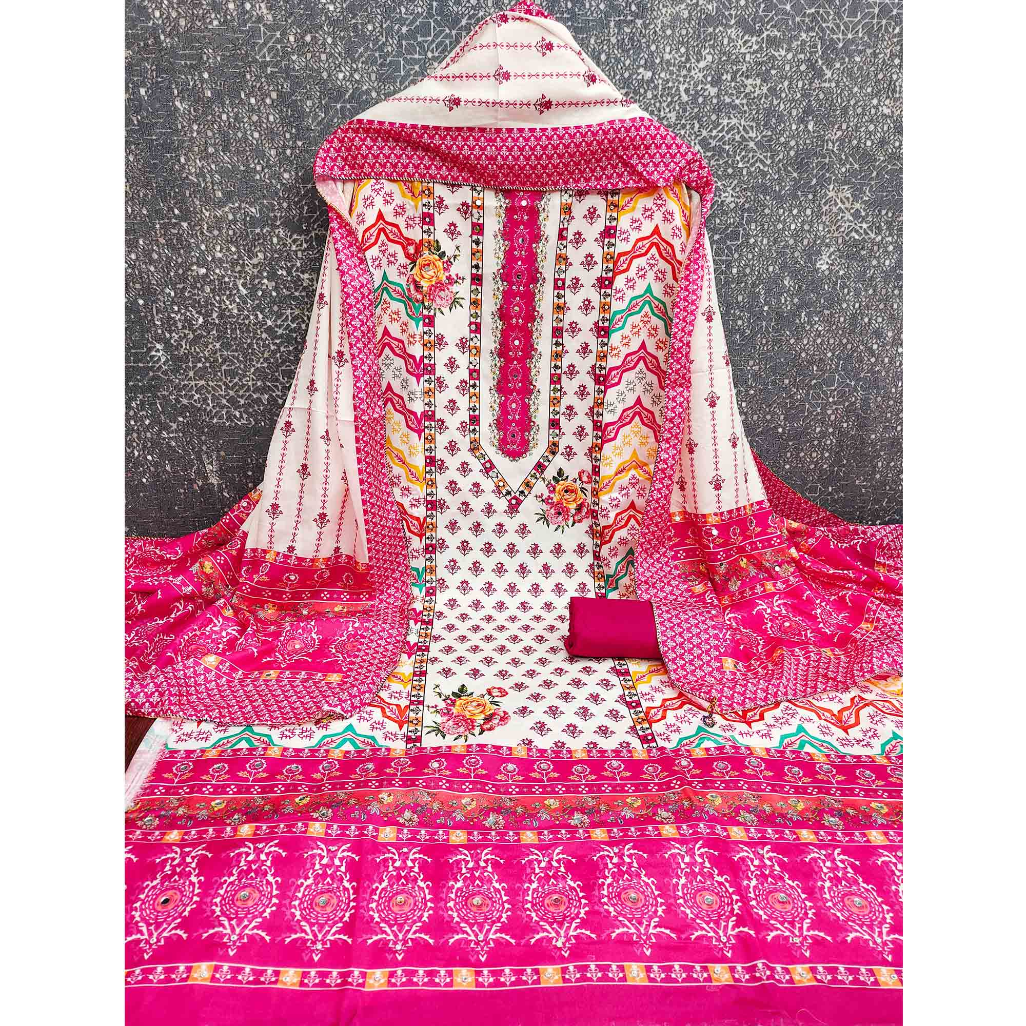 Rani Pink Crepe Dress Material With Vibrant Floral Digital Print & Mirror Embellishment - Image 4