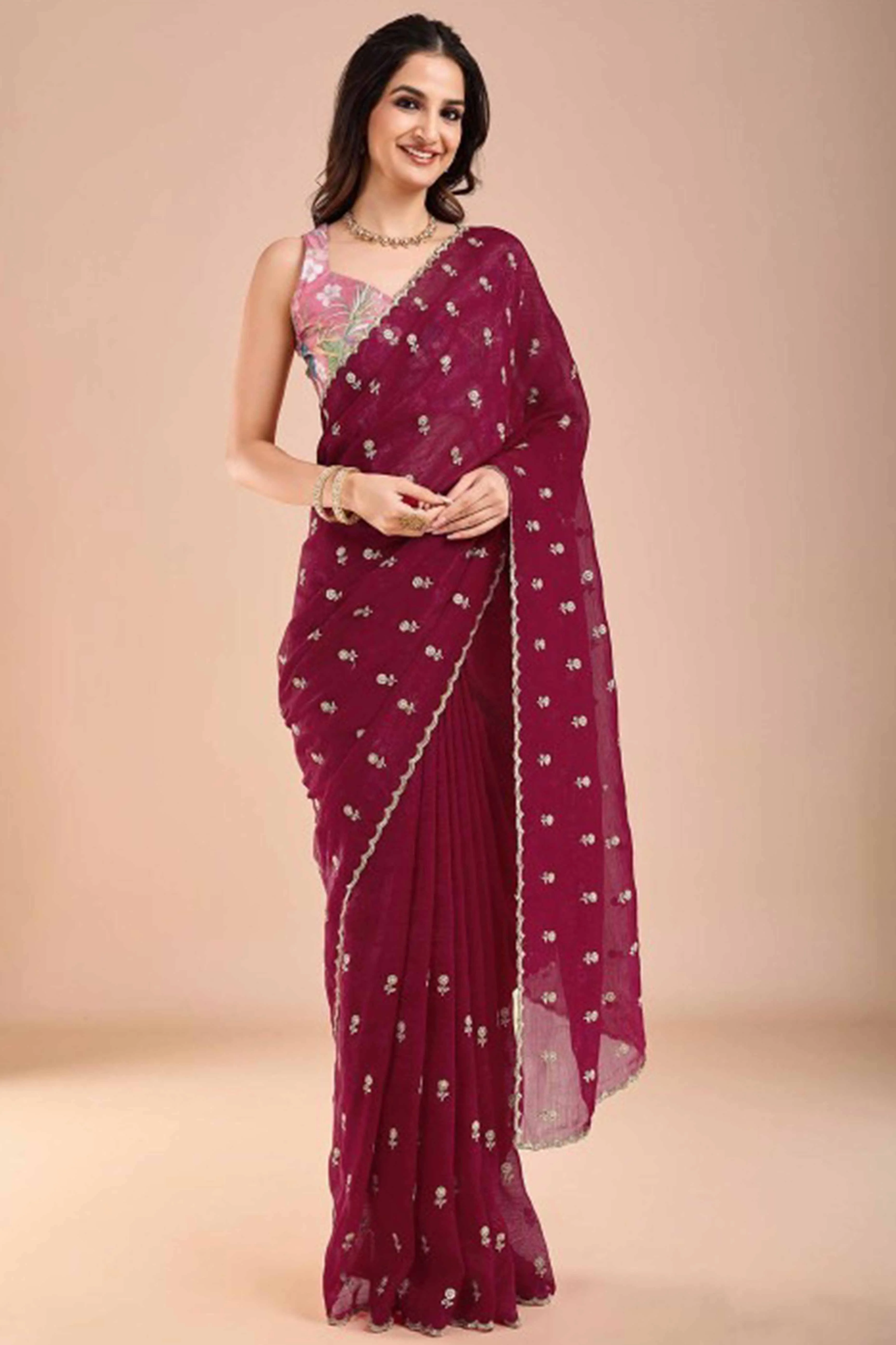 Rani Pink Crunchy Saree Adorned With Floral Sequins Embroidery & Graceful Border Finish - Image 3