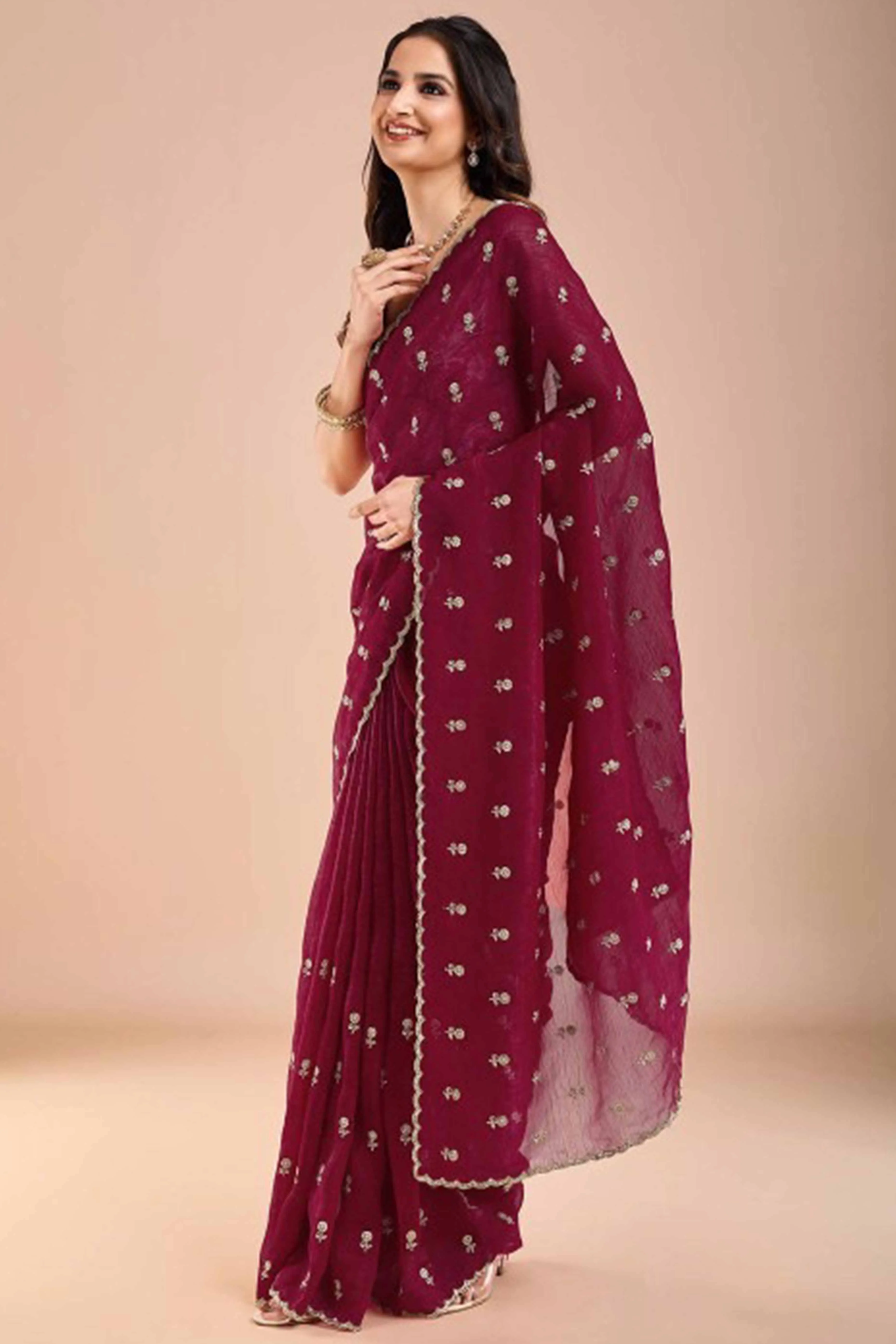 Rani Pink Crunchy Saree Adorned With Floral Sequins Embroidery & Graceful Border Finish - Image 4