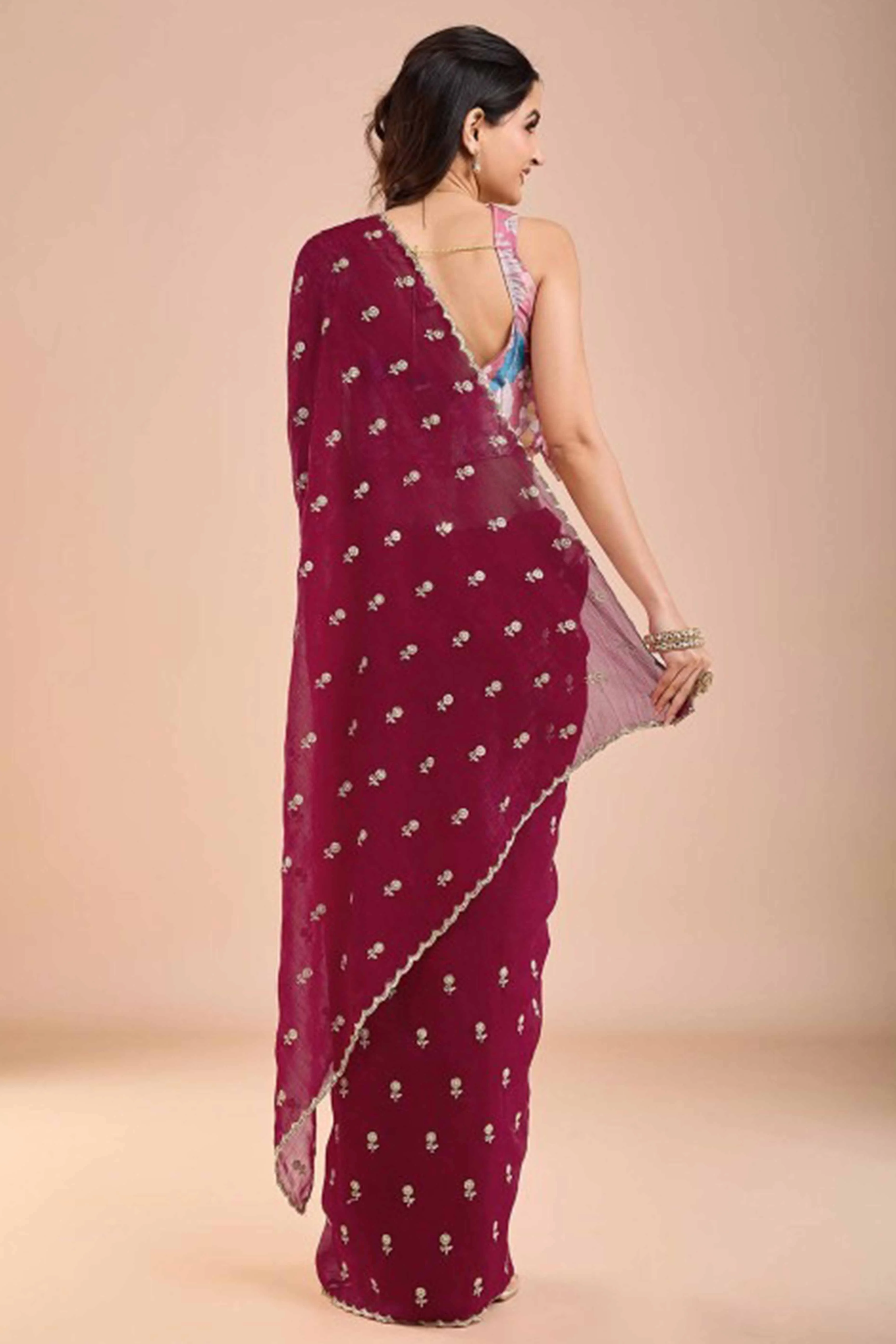 Rani Pink Crunchy Saree Adorned With Floral Sequins Embroidery & Graceful Border Finish - Image 5