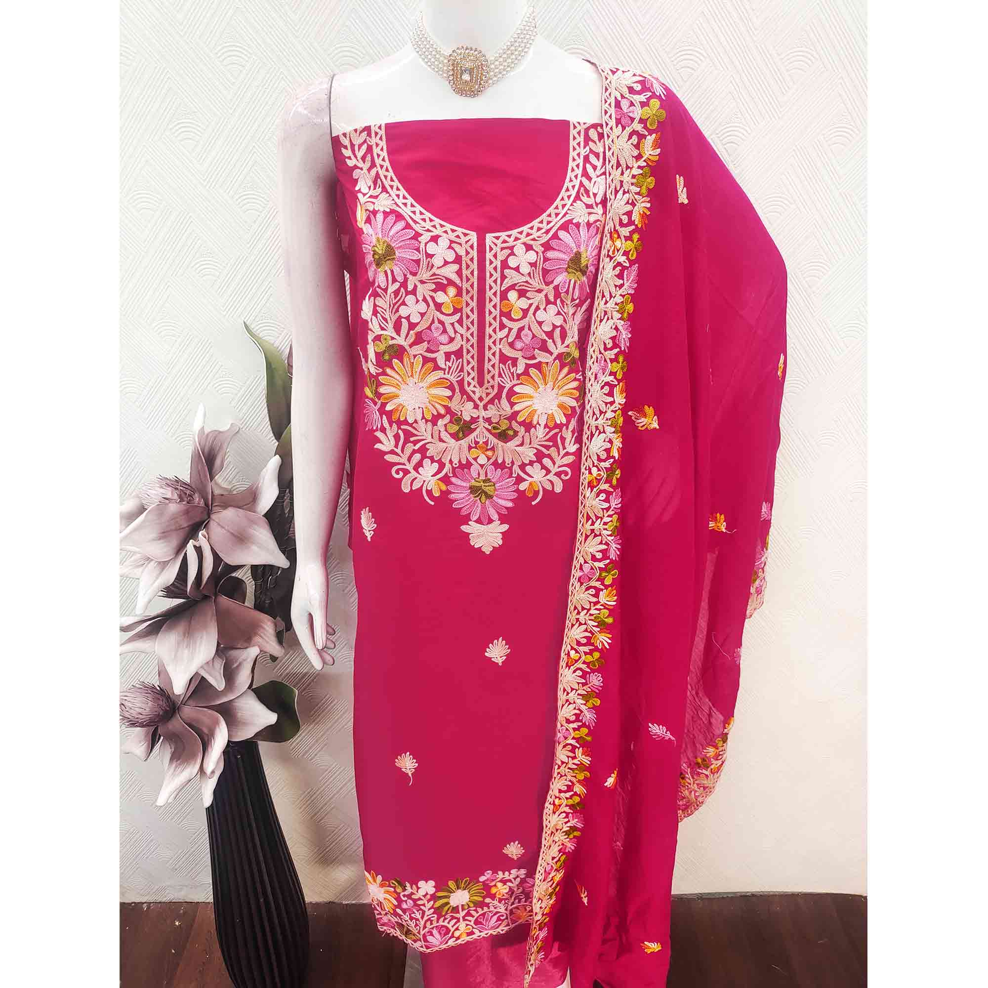 Rani Pink Designer Roman Art Silk Dress Material Adorned With Floral Thread Embroidery Work - Image 5