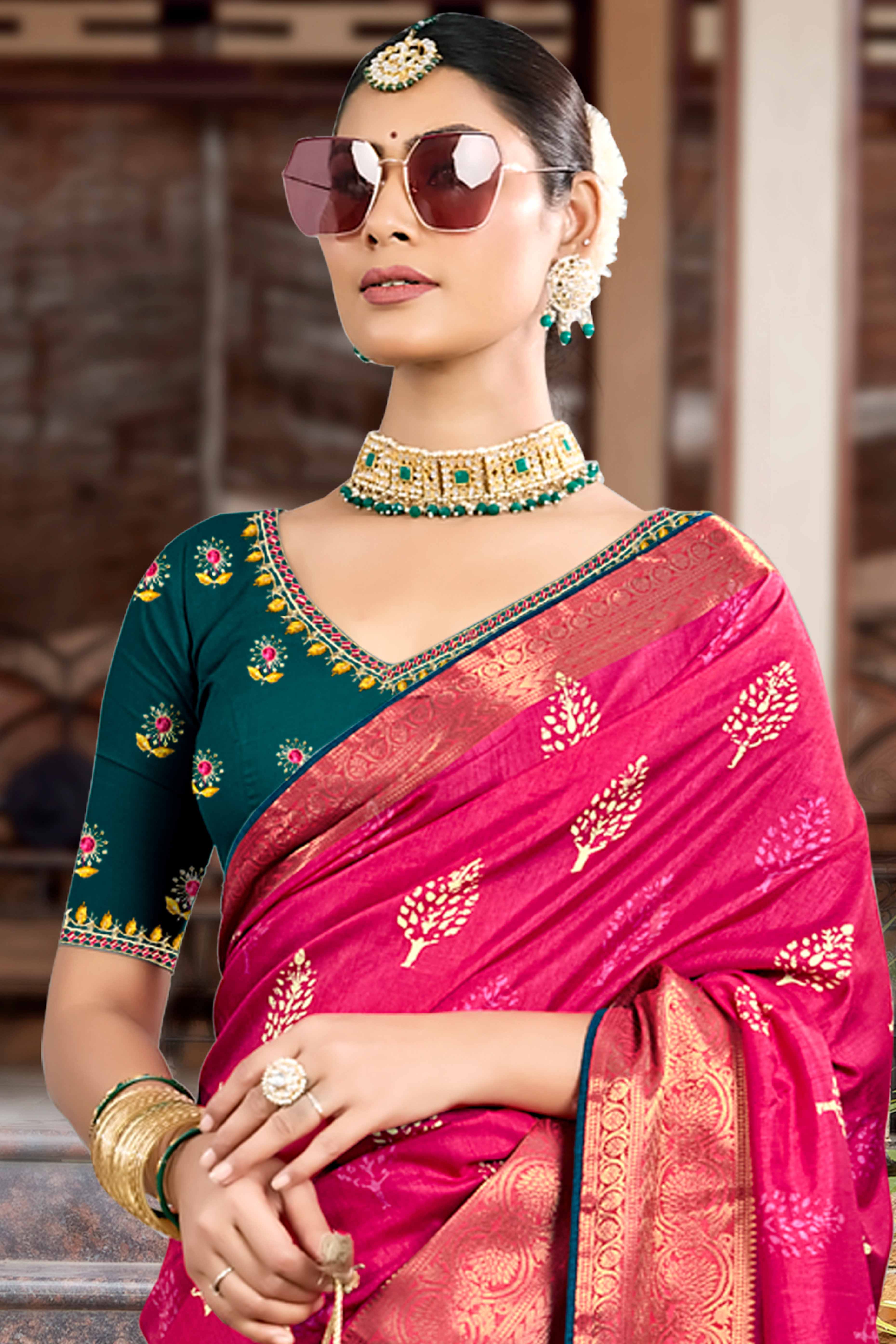 Rani Pink Dola Silk Saree Featuring Artistic Print Work & Graceful Tassel Edging - Image 3