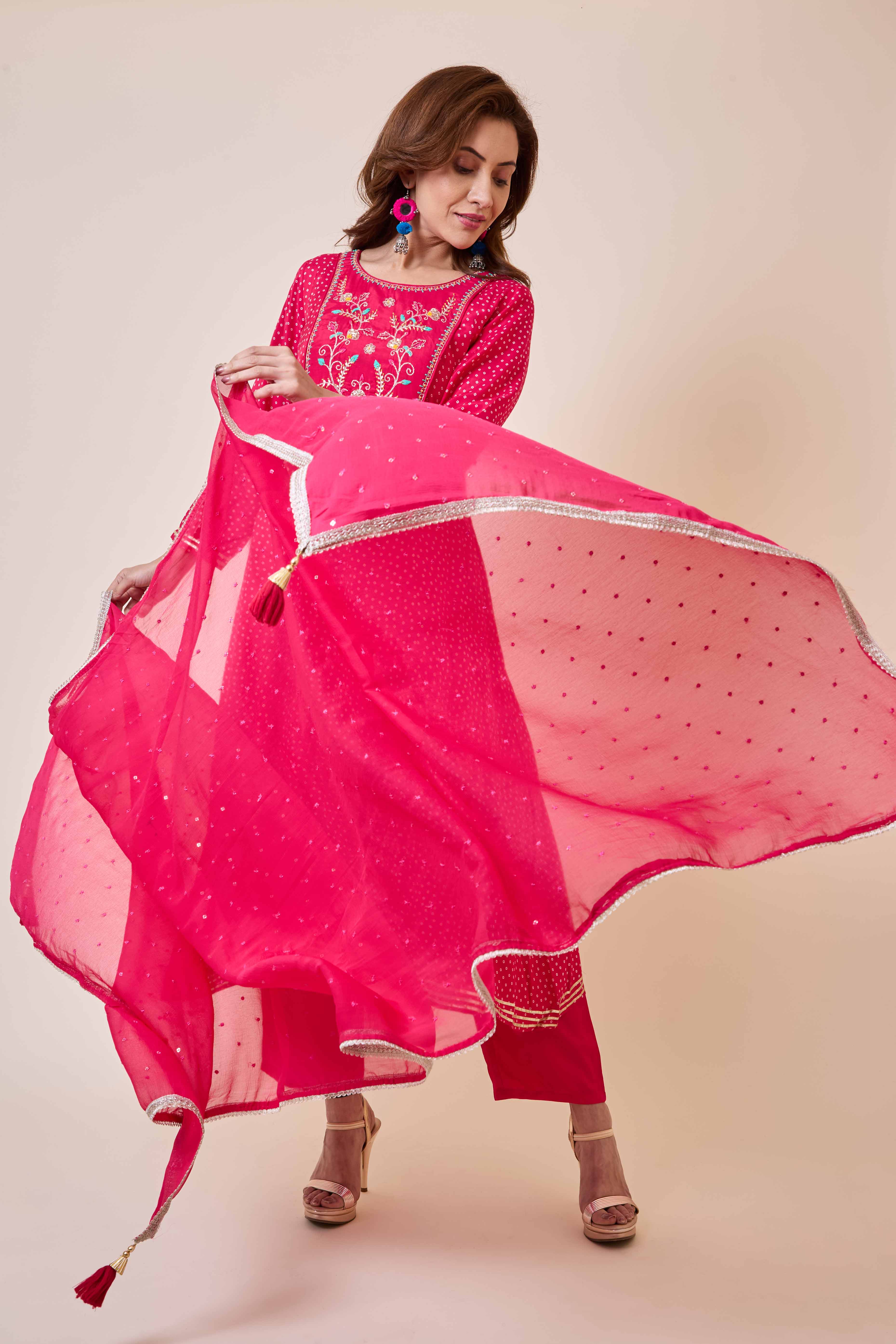 Rani Pink Embroidered Anarkali Style Muslin Salwar Suit - Image 11