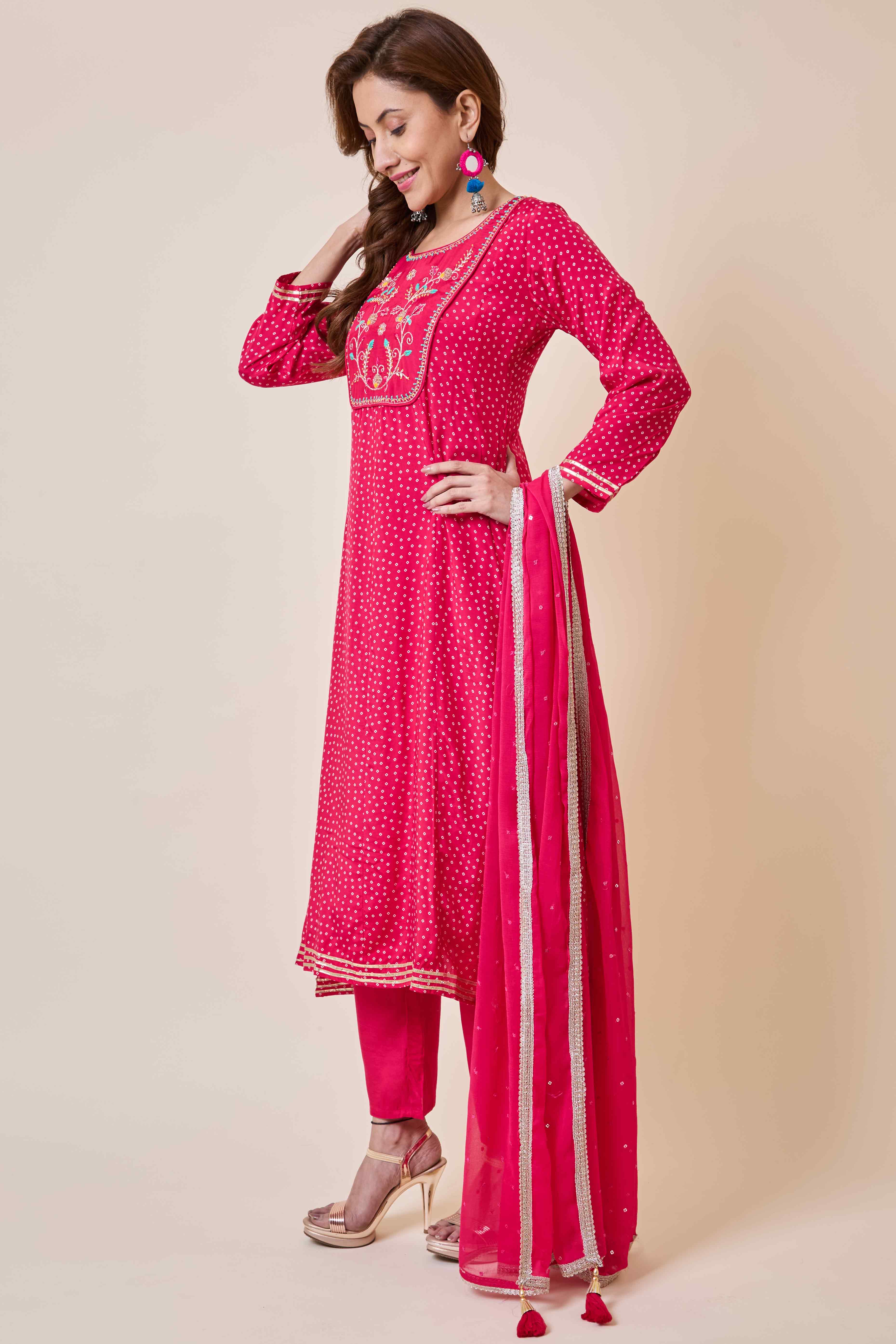 Rani Pink Embroidered Anarkali Style Muslin Salwar Suit - Image 4