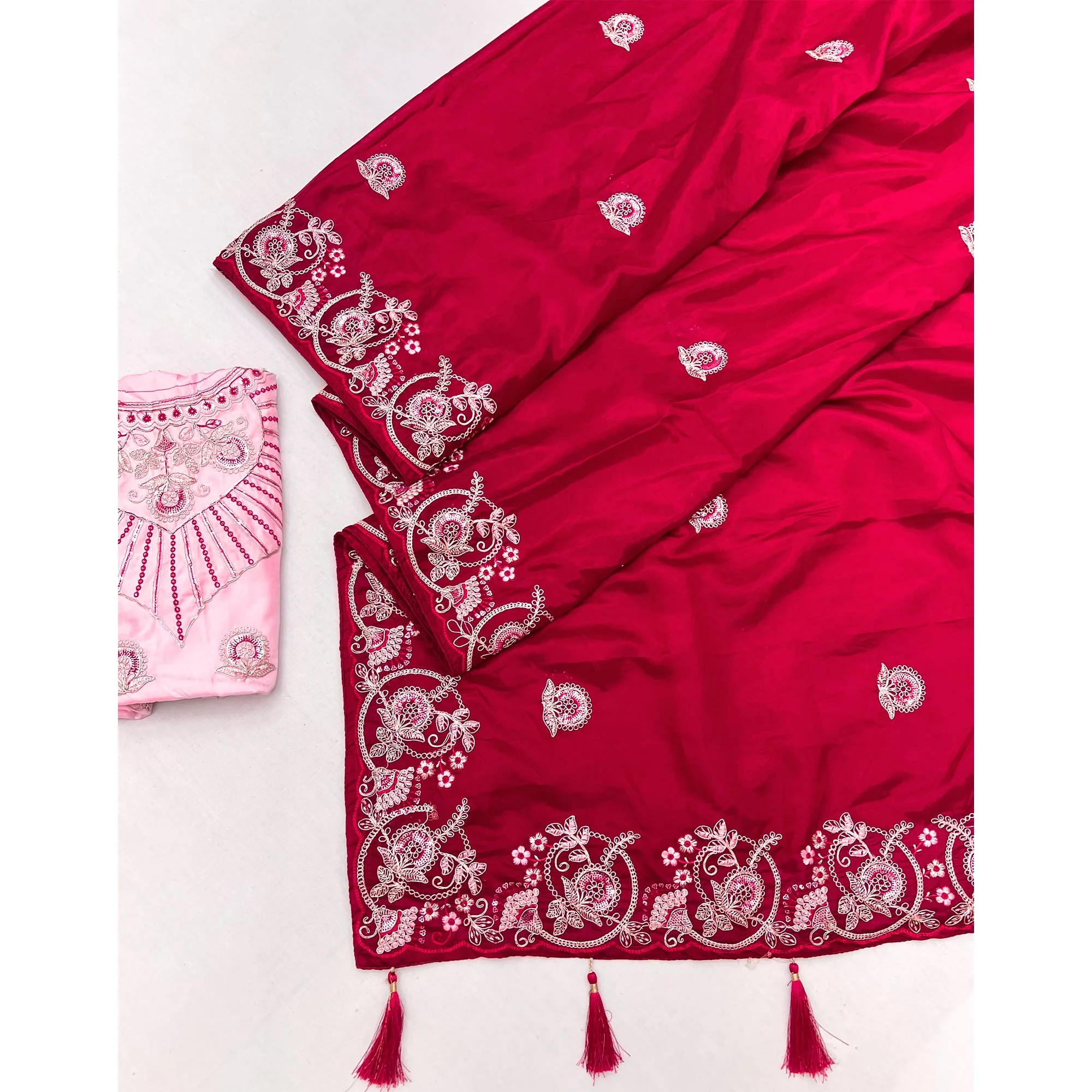 Rani Pink Embroidered Satin Saree with Smooth Texture and Graceful Festive Appeal - Image 3