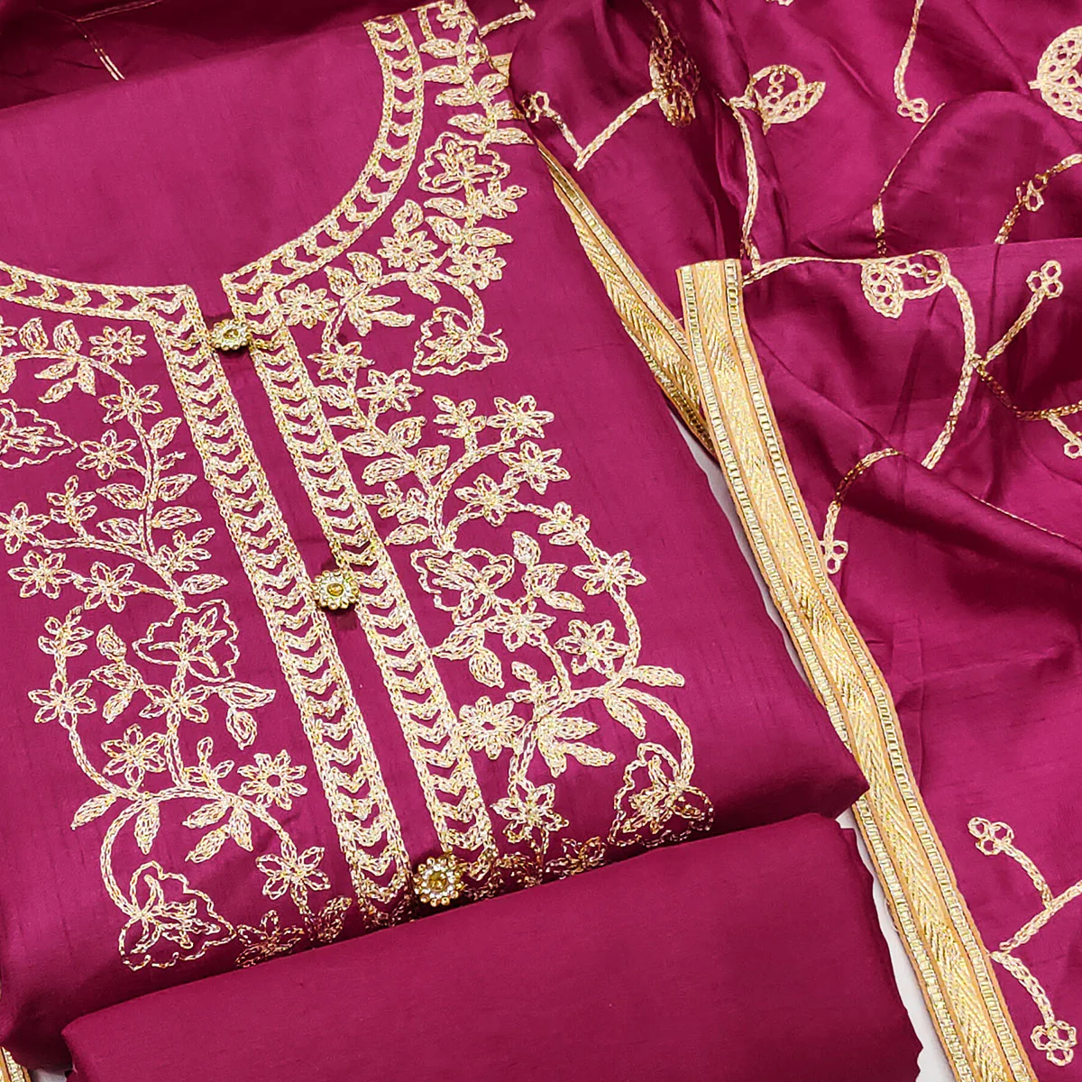 Rani Pink Floral Embroidered Art Silk Dress Material - Image 2