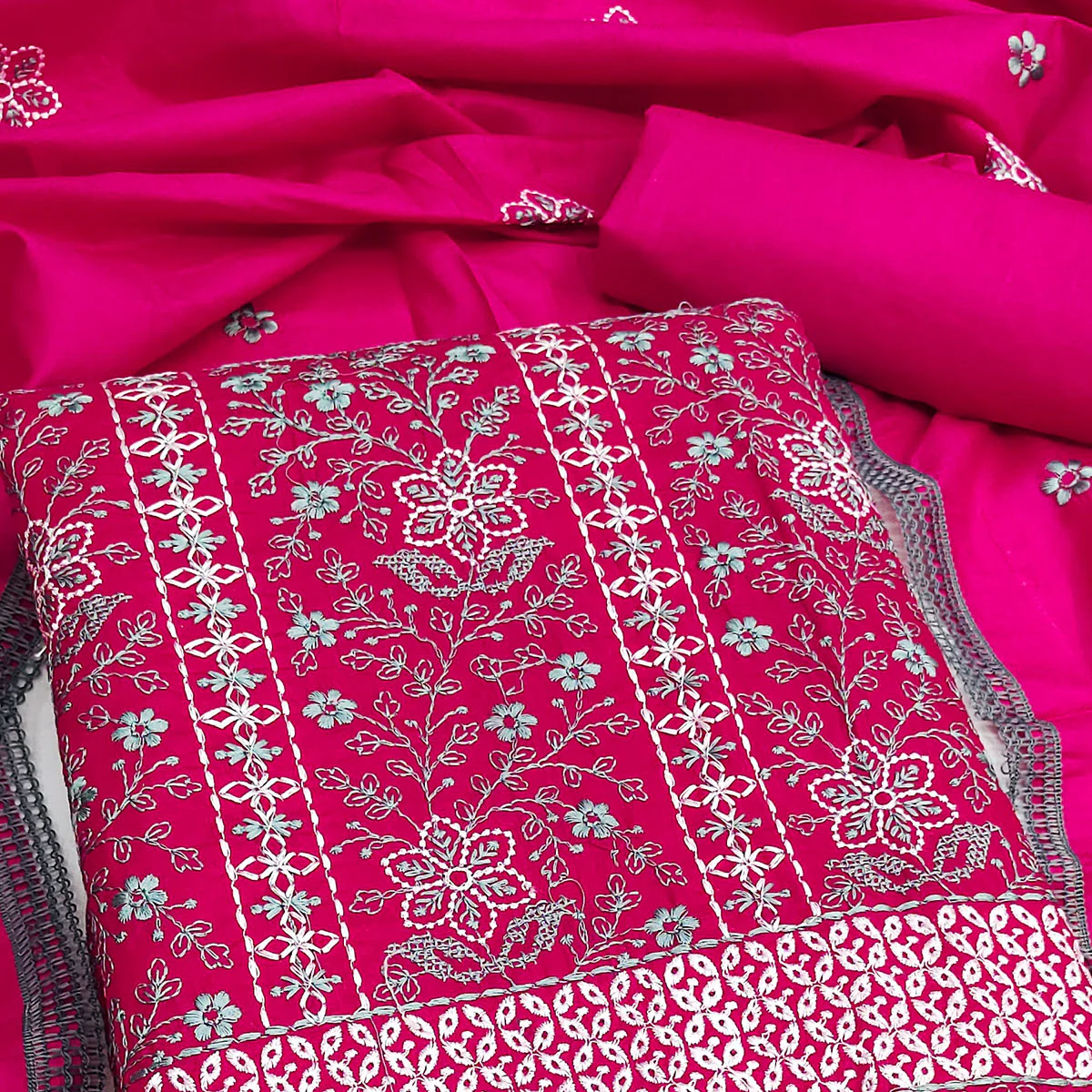 Rani Pink Floral Embroidered Pure Cotton Dress Material - Image 2