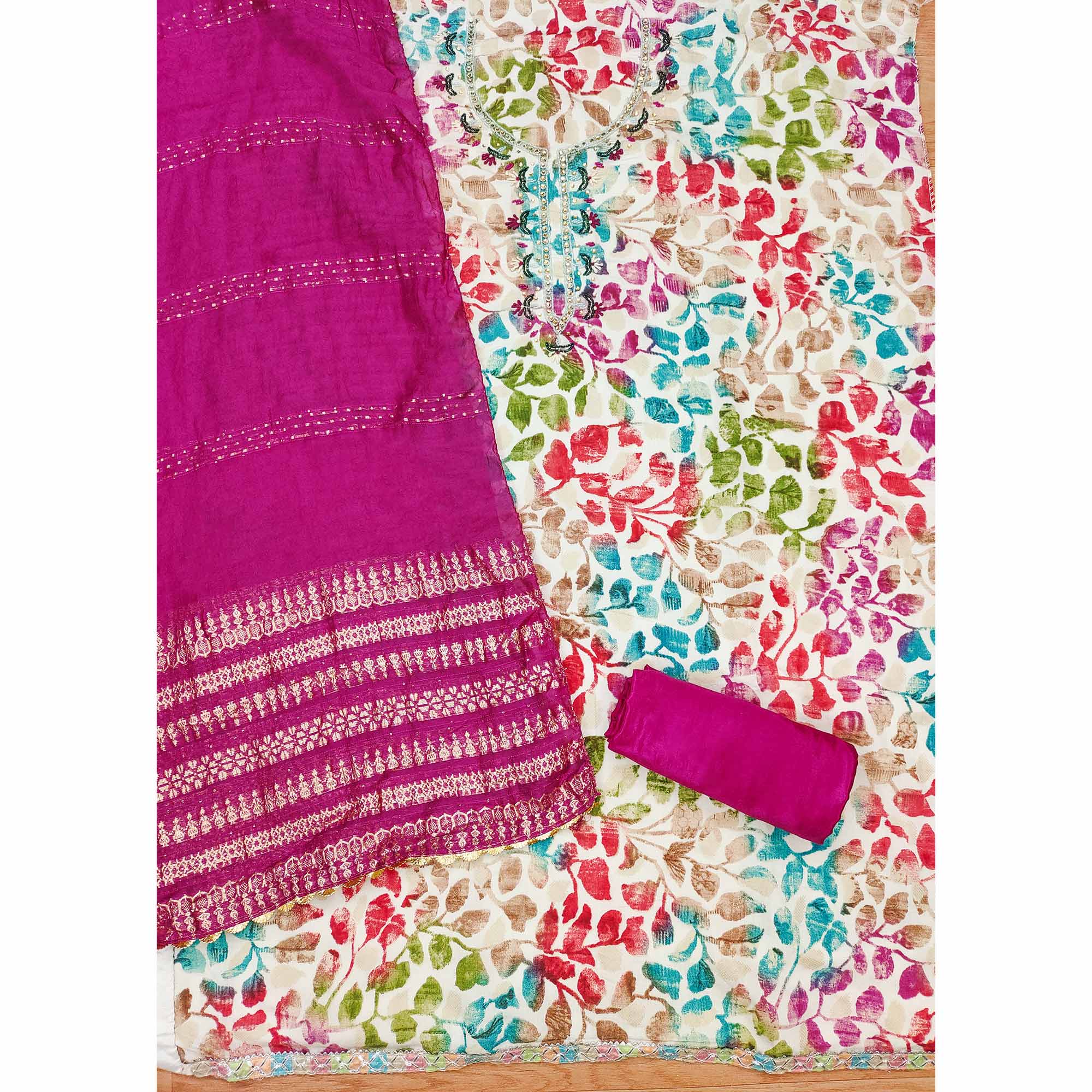 Rani Pink Floral Foil Printed With Handwork Modal Cotton Silk Dress Material - Image 4