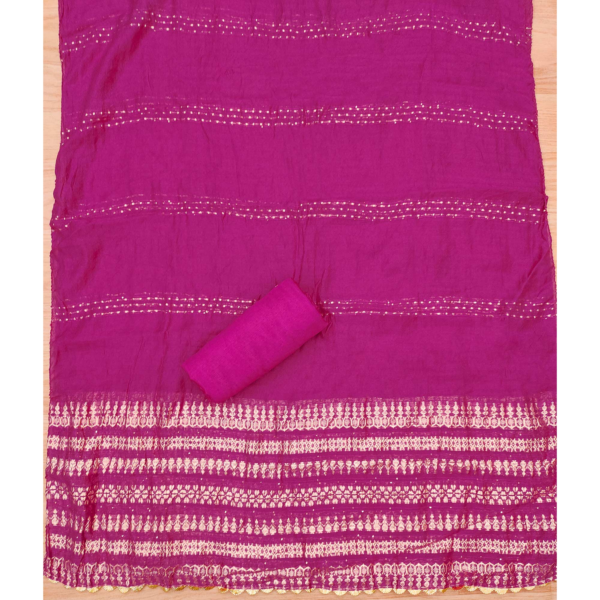 Rani Pink Floral Foil Printed With Handwork Modal Cotton Silk Dress Material - Image 5