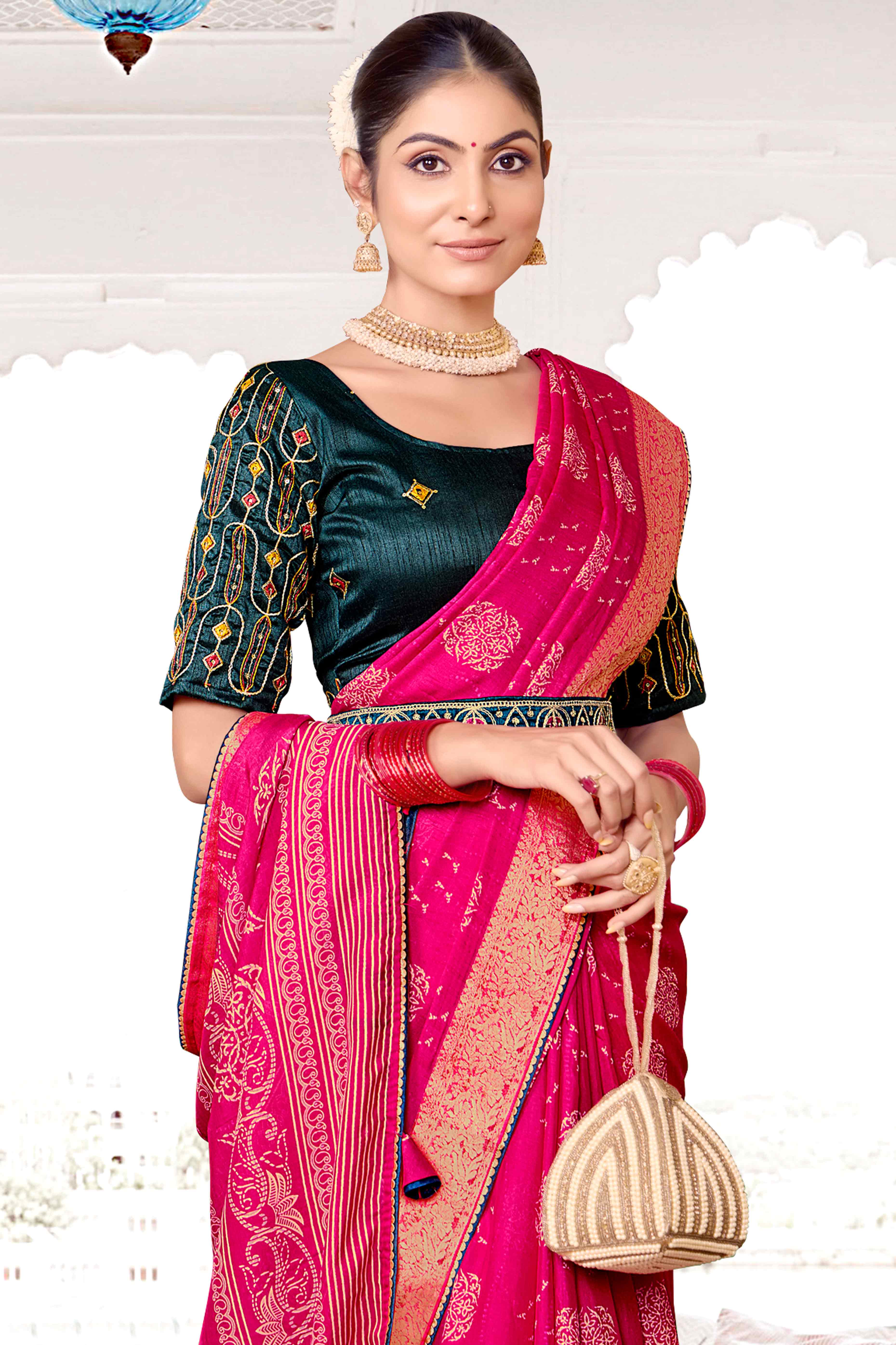Rani Pink Floral Printed Muslin Saree With Woven Border - Image 3