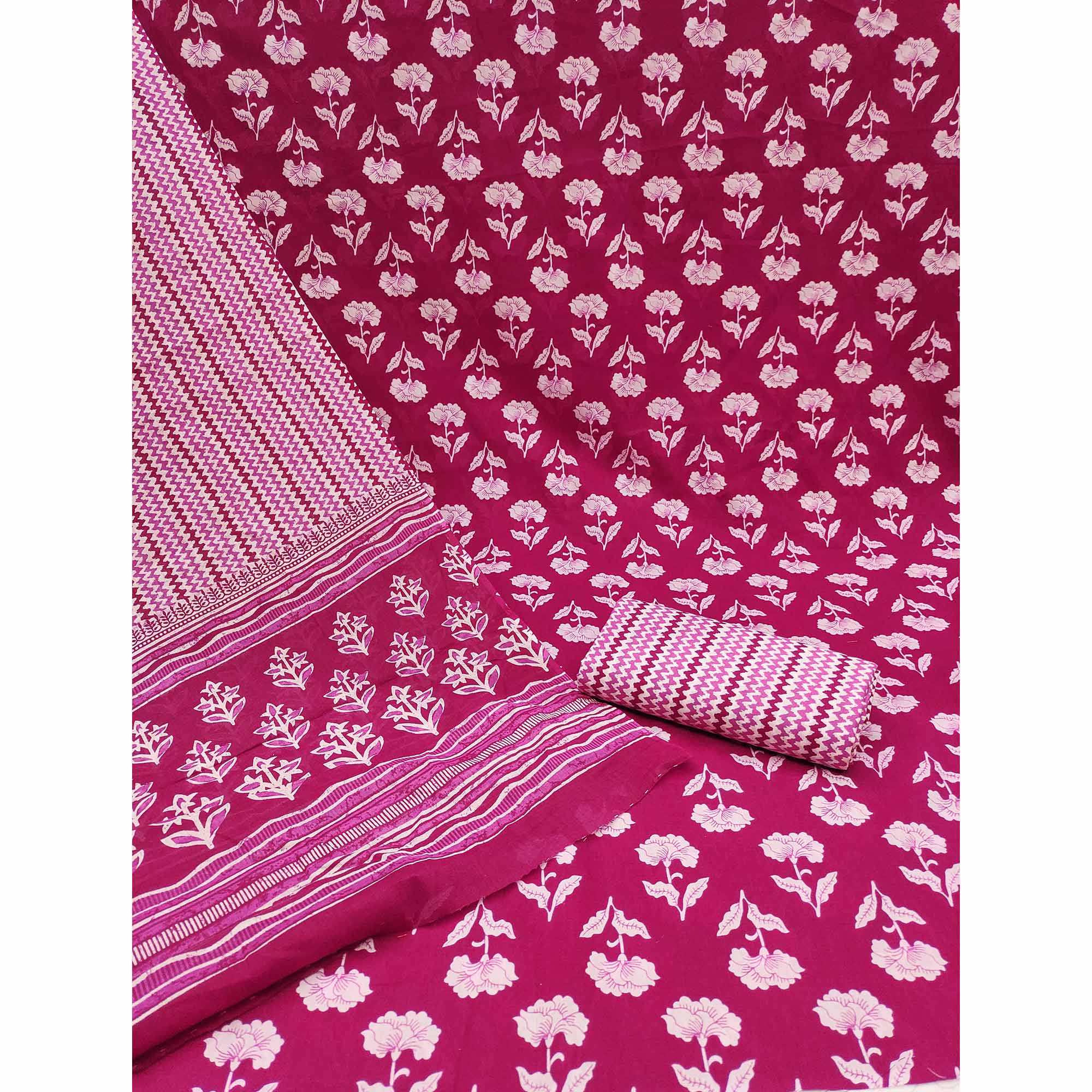 Rani Pink Floral Printed Pure Cotton Dress Material - Image 3