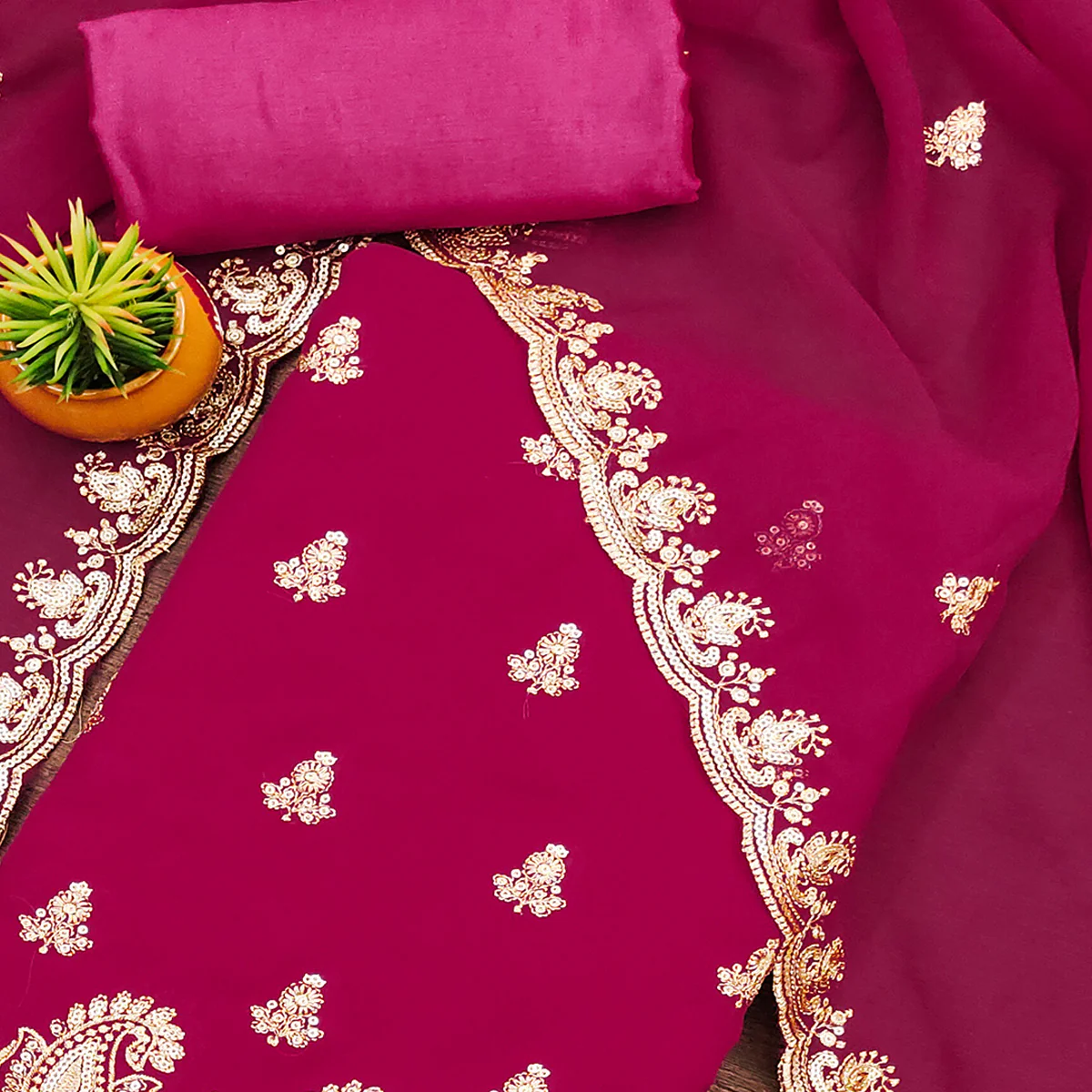 Rani Pink Floral Sequins Embroidered Georgette Dress Material - Image 2
