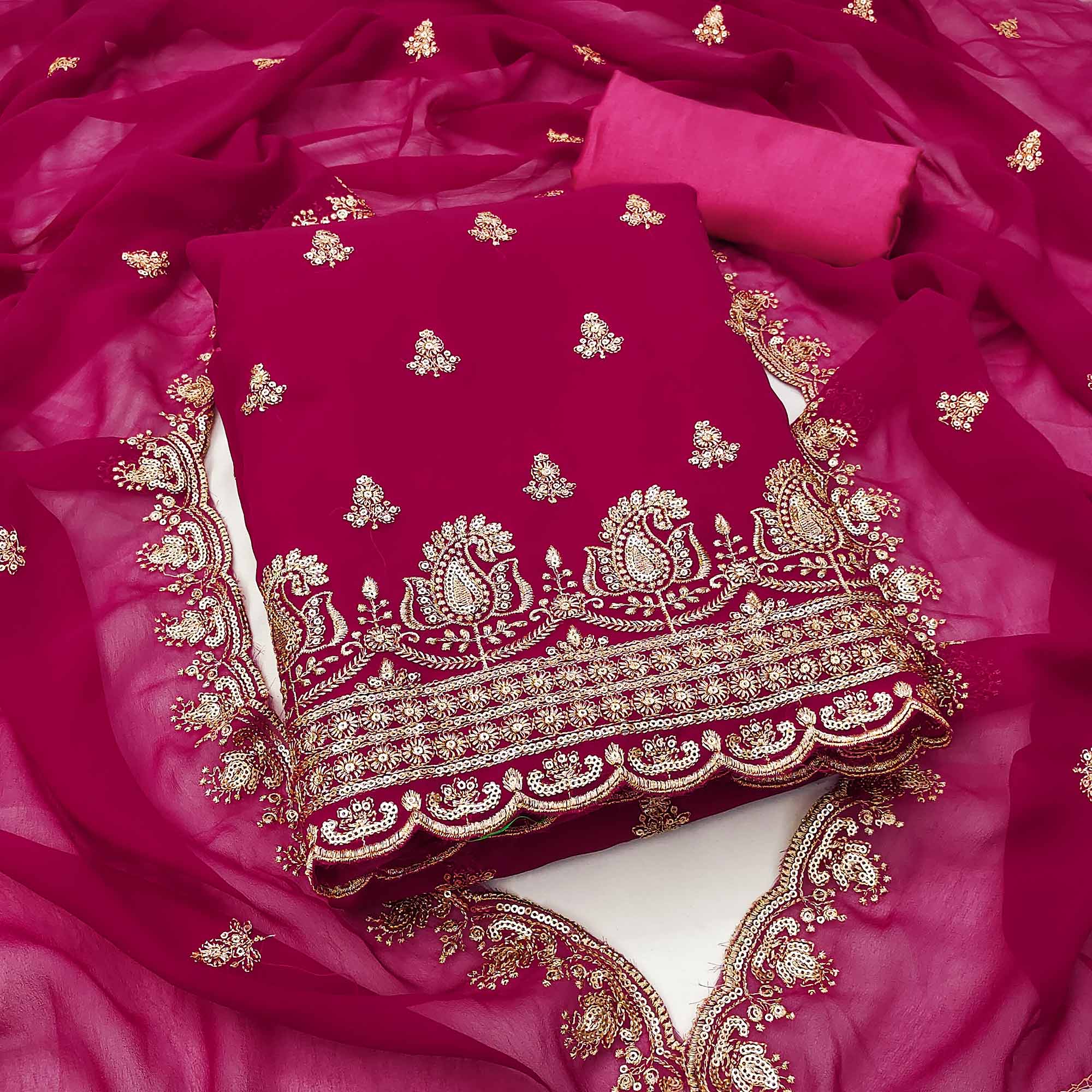 Rani Pink Floral Sequins Embroidered Georgette Dress Material - Image 3