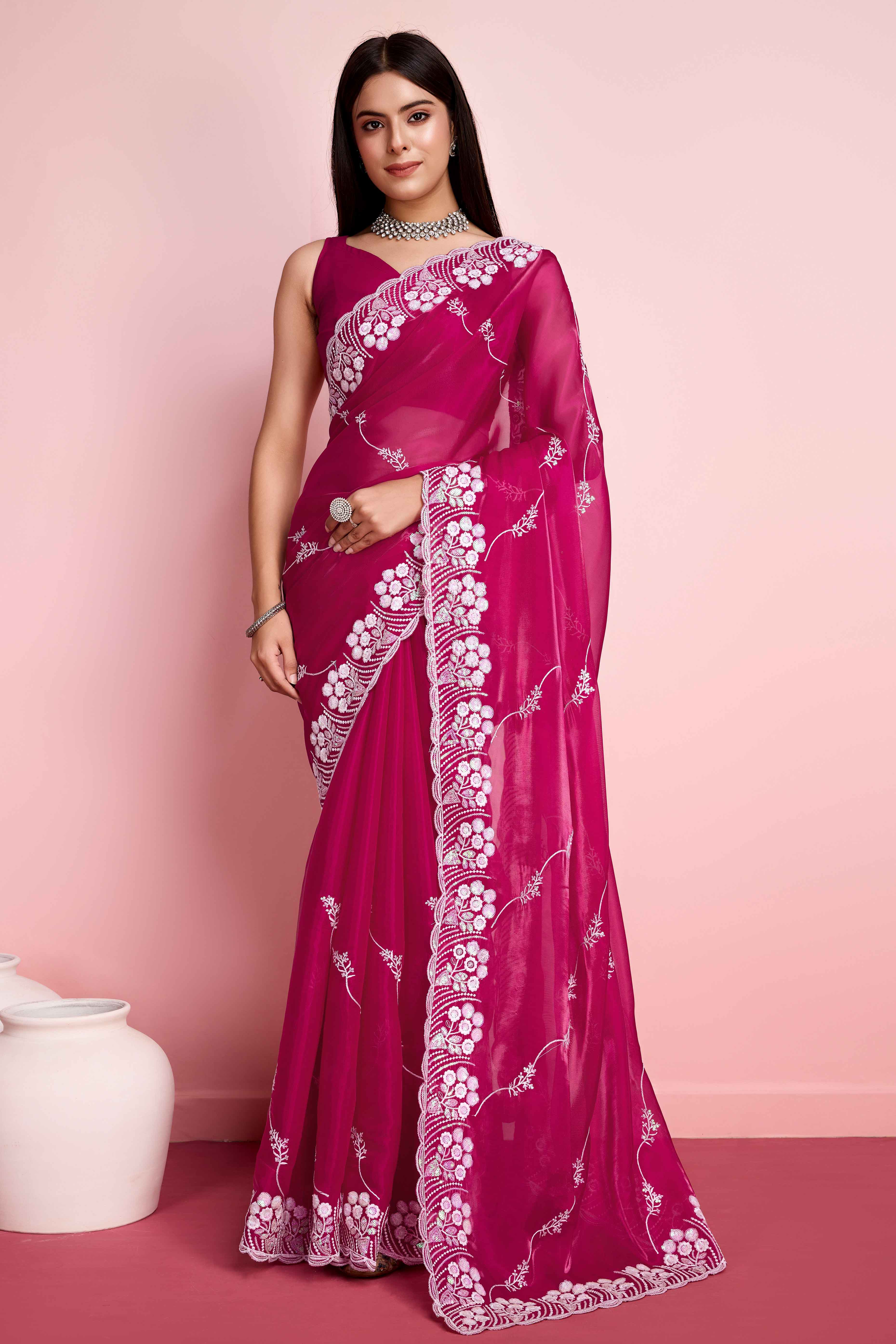 Rani Pink Floral Sequins Embroidered Jimmy Choo Tissue Saree - Image 3