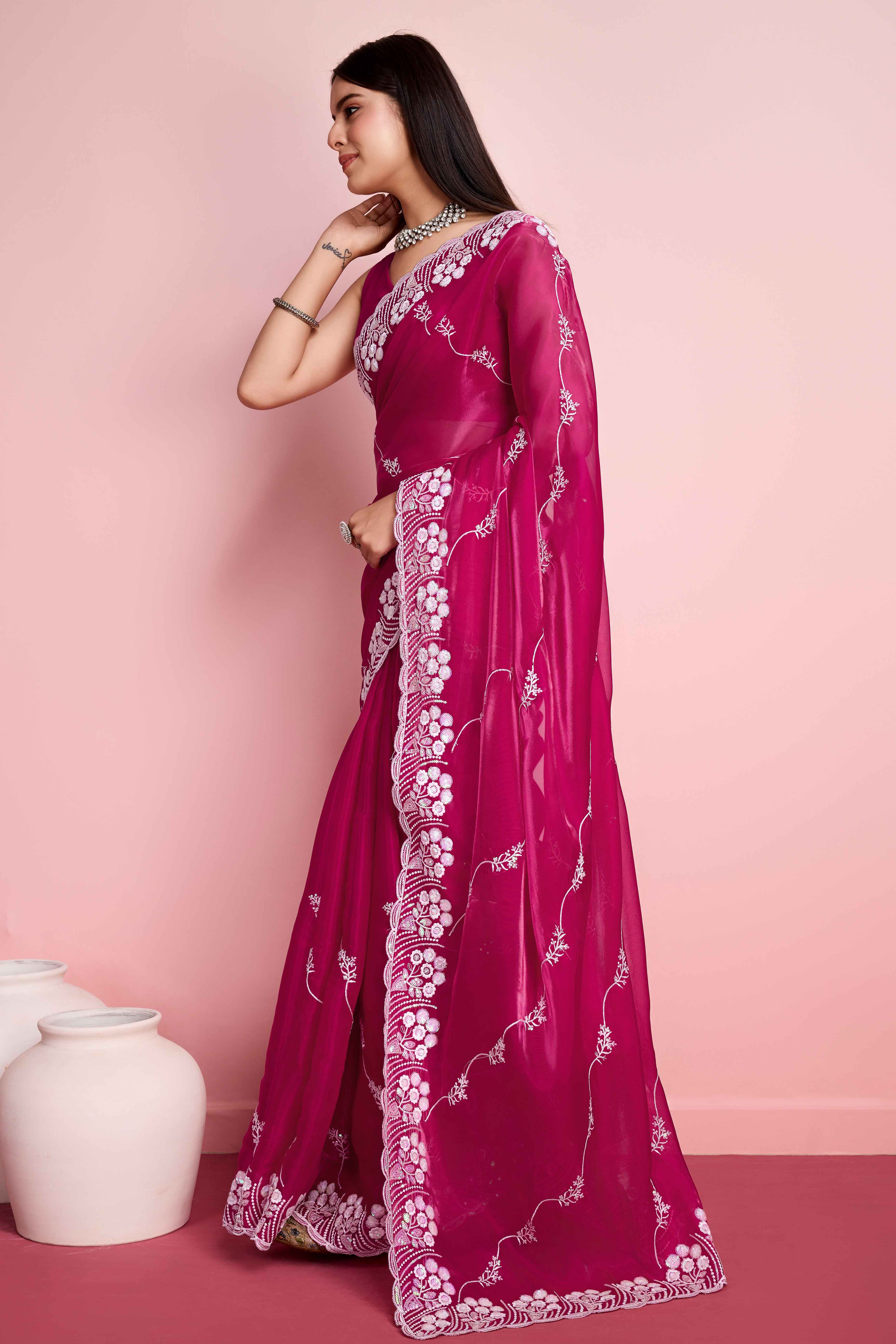 Rani Pink Floral Sequins Embroidered Jimmy Choo Tissue Saree - Image 4