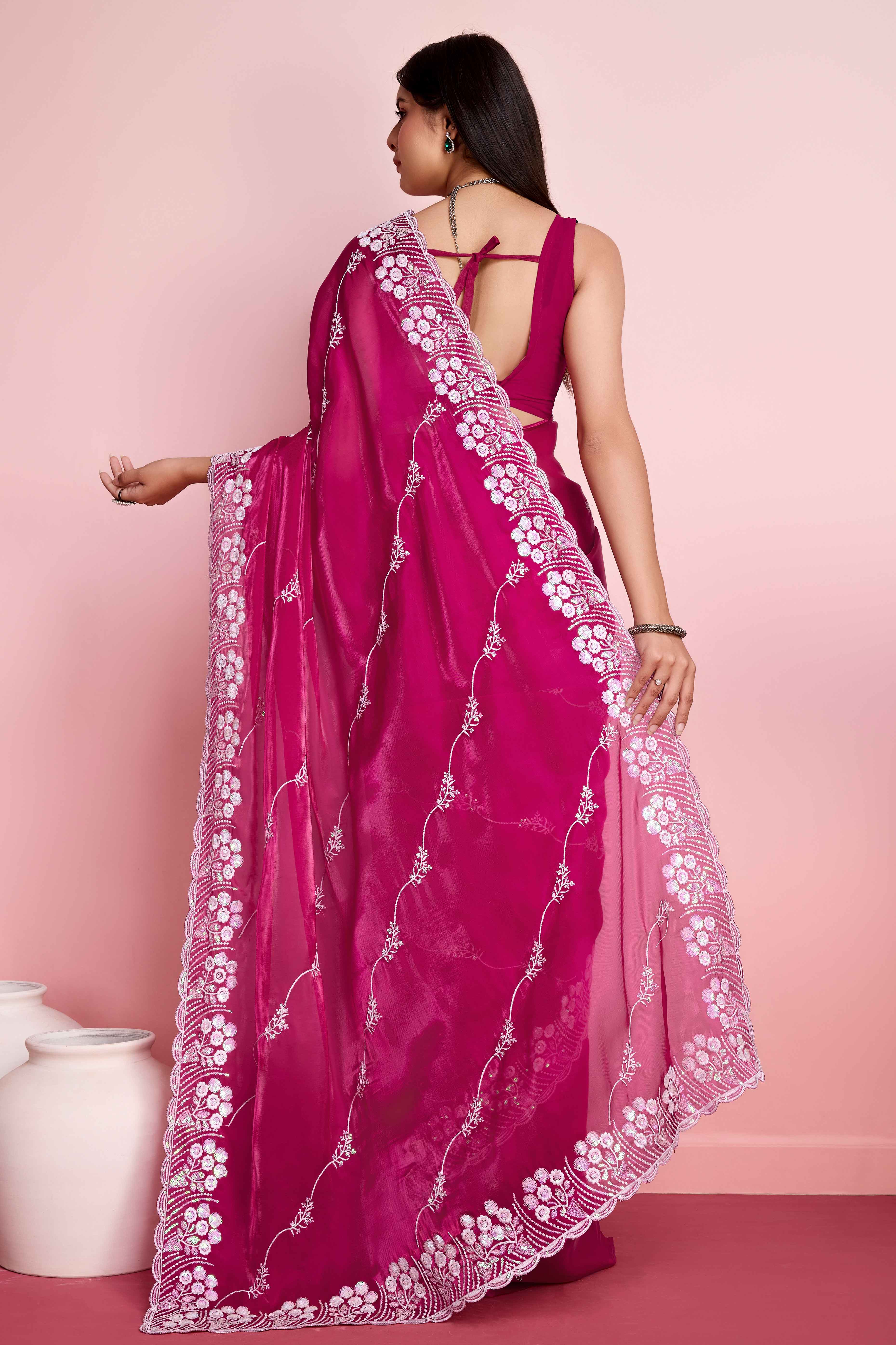 Rani Pink Floral Sequins Embroidered Jimmy Choo Tissue Saree - Image 5