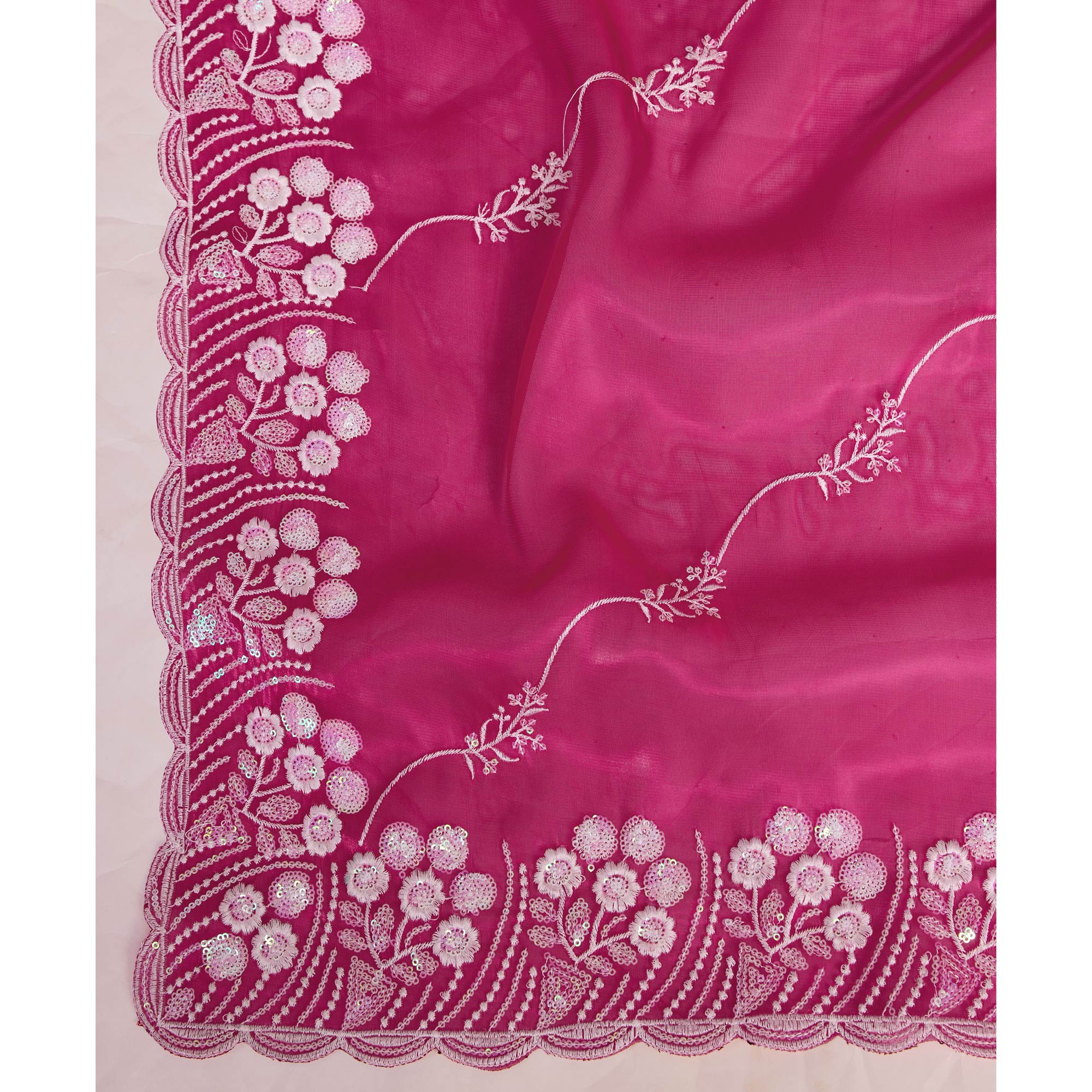 Rani Pink Floral Sequins Embroidered Jimmy Choo Tissue Saree - Image 8