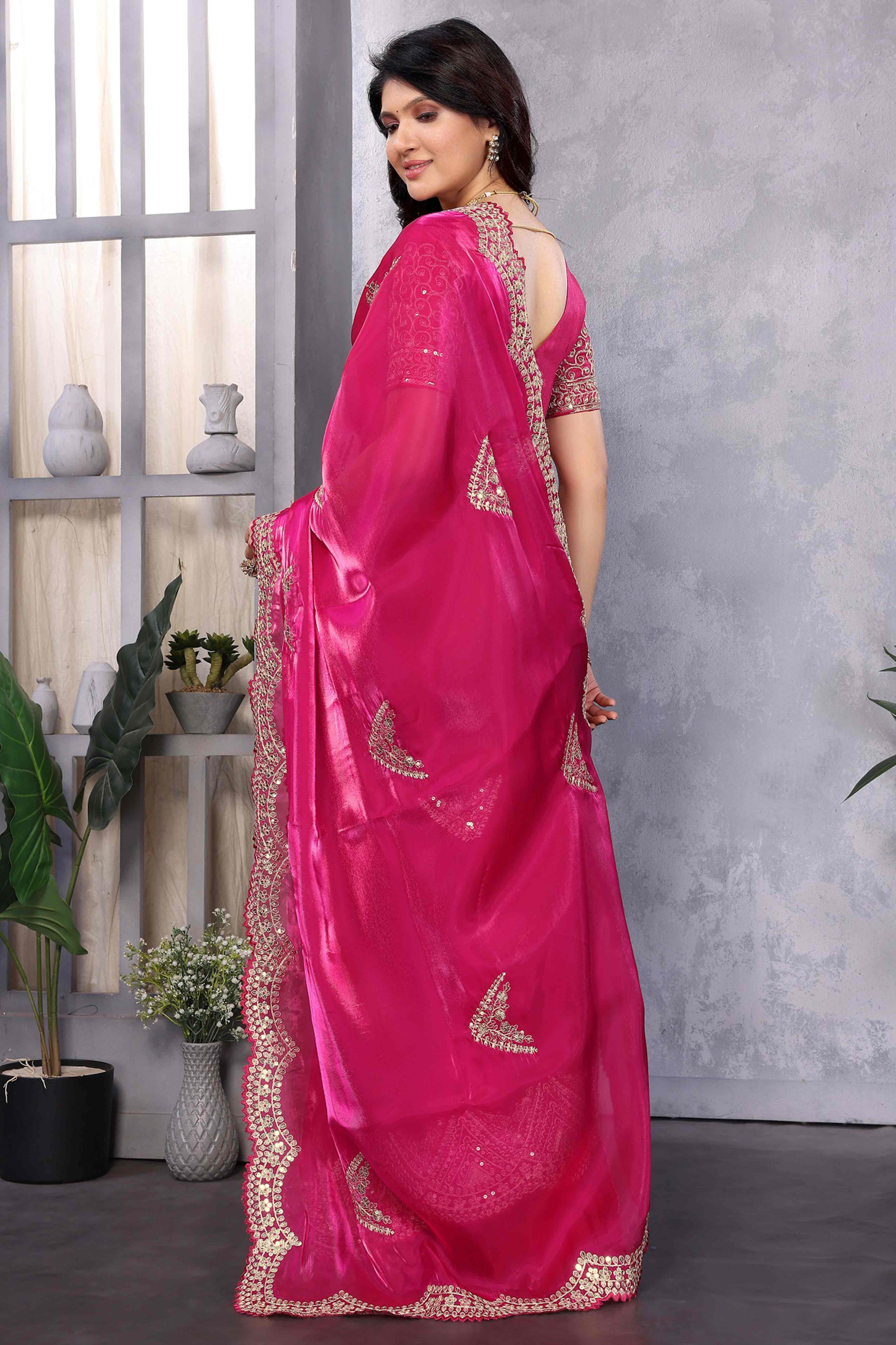 Rani Pink Floral Sequins Embroidered Shimmer Chiffon Saree - Image 5