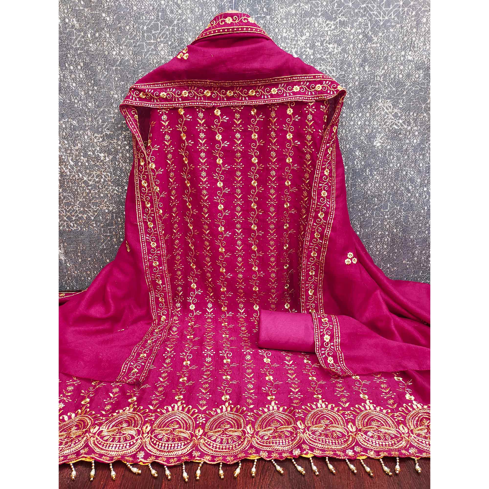 Rani Pink Floral Vichitra Silk Dress Material Adorned With Floral Embroidery & Swarovski Work - Image 4