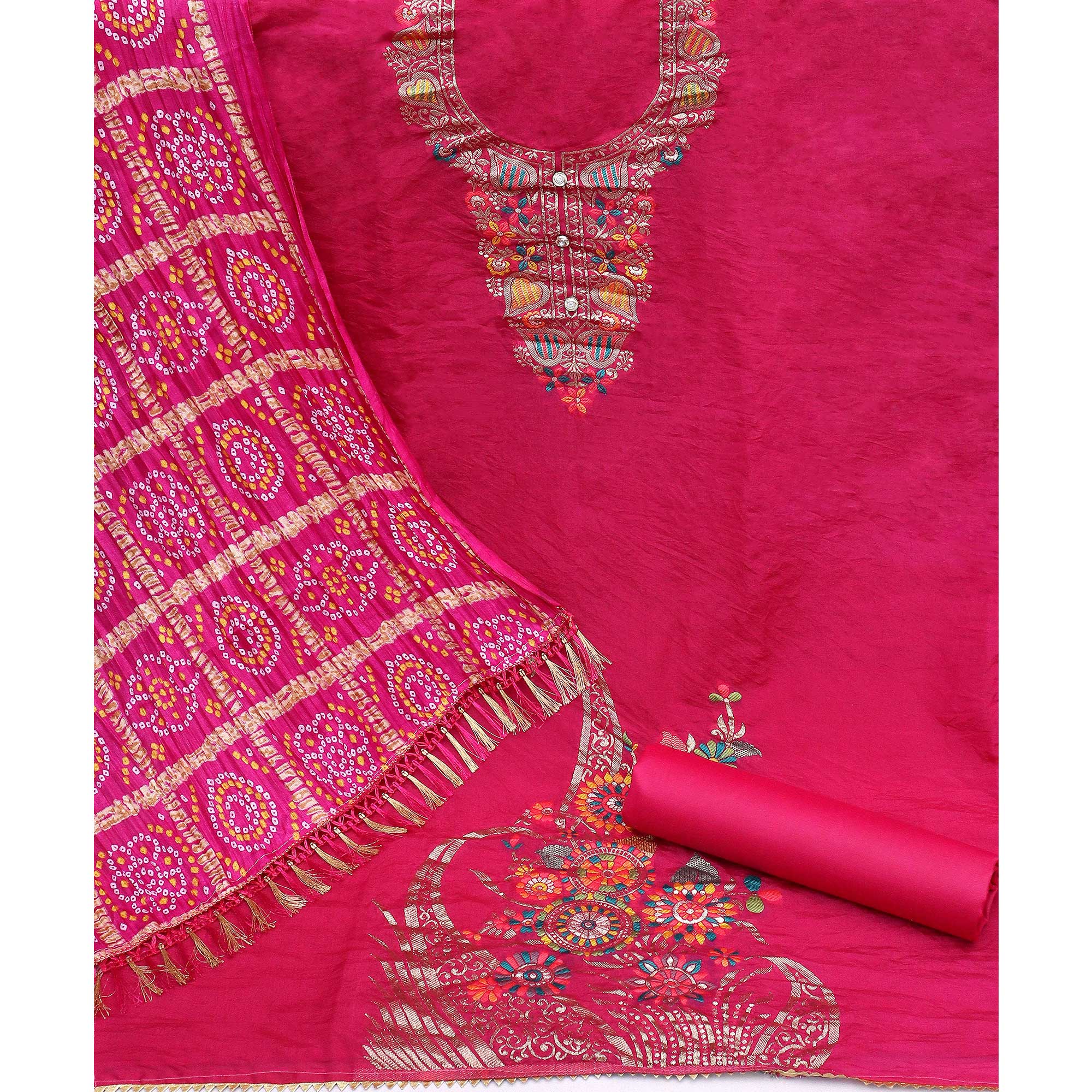Rani Pink Floral Woven Chanderi Jacquard Dress Material - Image 5