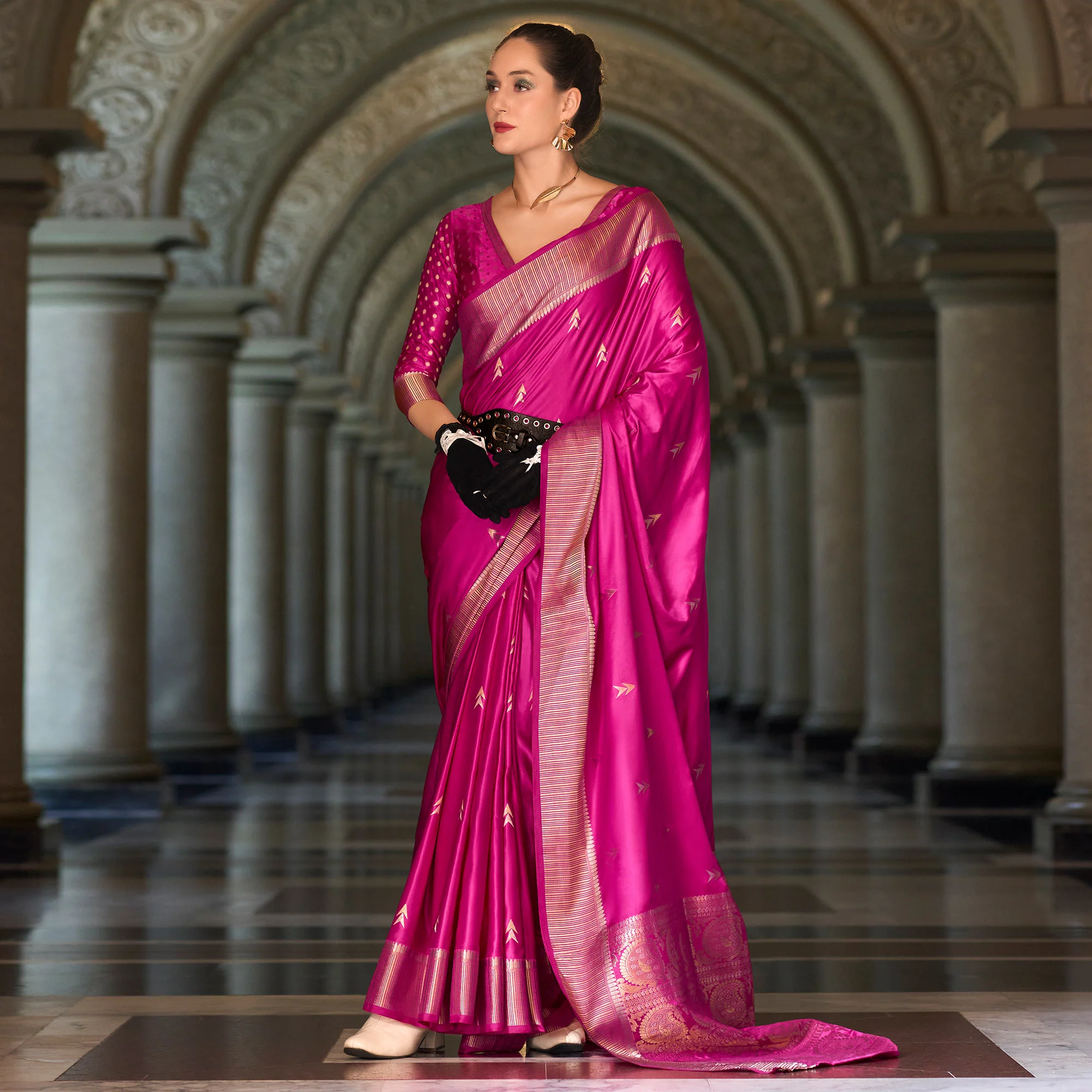 Rani Pink Floral Woven Satin Silk Saree - Image 2