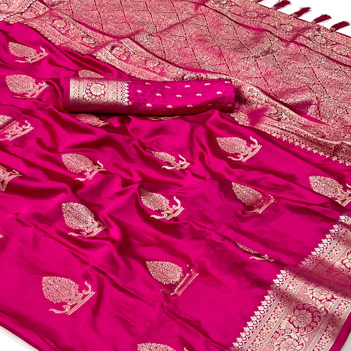 Rani Pink Floral Woven Satin Silk Saree With Tassels - Image 2