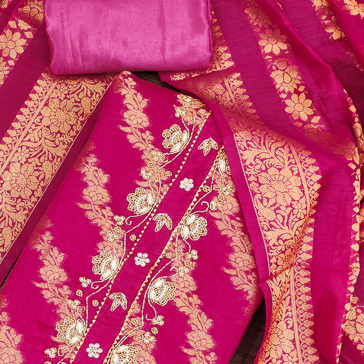 Rani Pink Floral Woven With Handwork Banarasi Silk Dress Material - Image 2