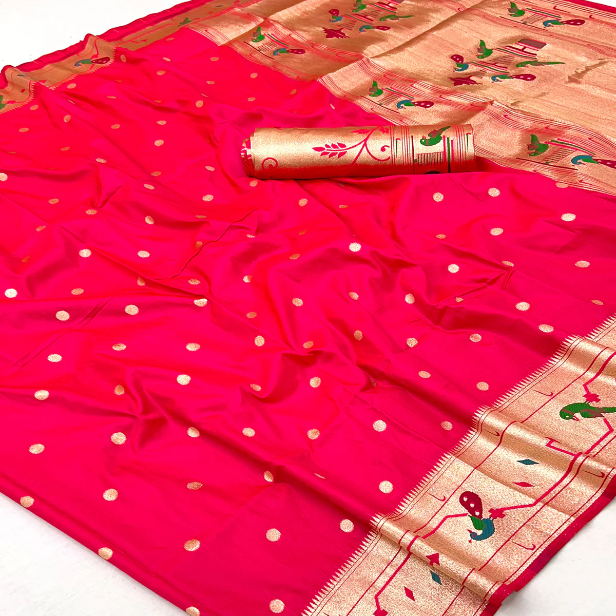 Rani Pink Floral Zari Weaving Work Silk Blend Paithani Saree With Traditional Charm - Image 2