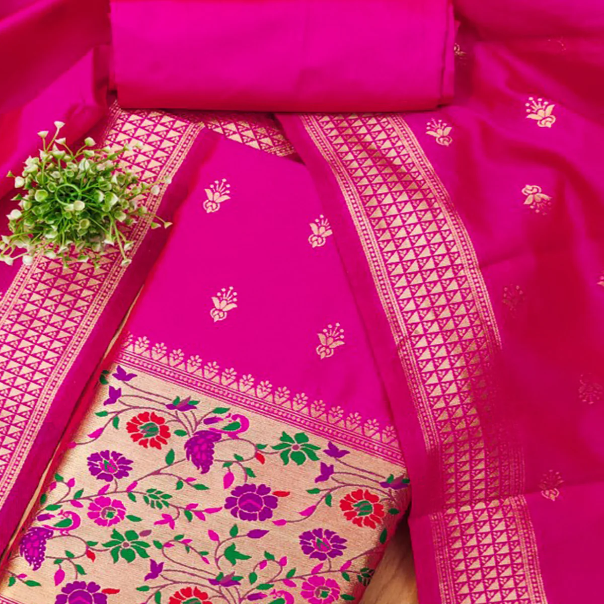 Rani Pink Floral Zari Woven Banarasi Silk Dress Material - Image 2