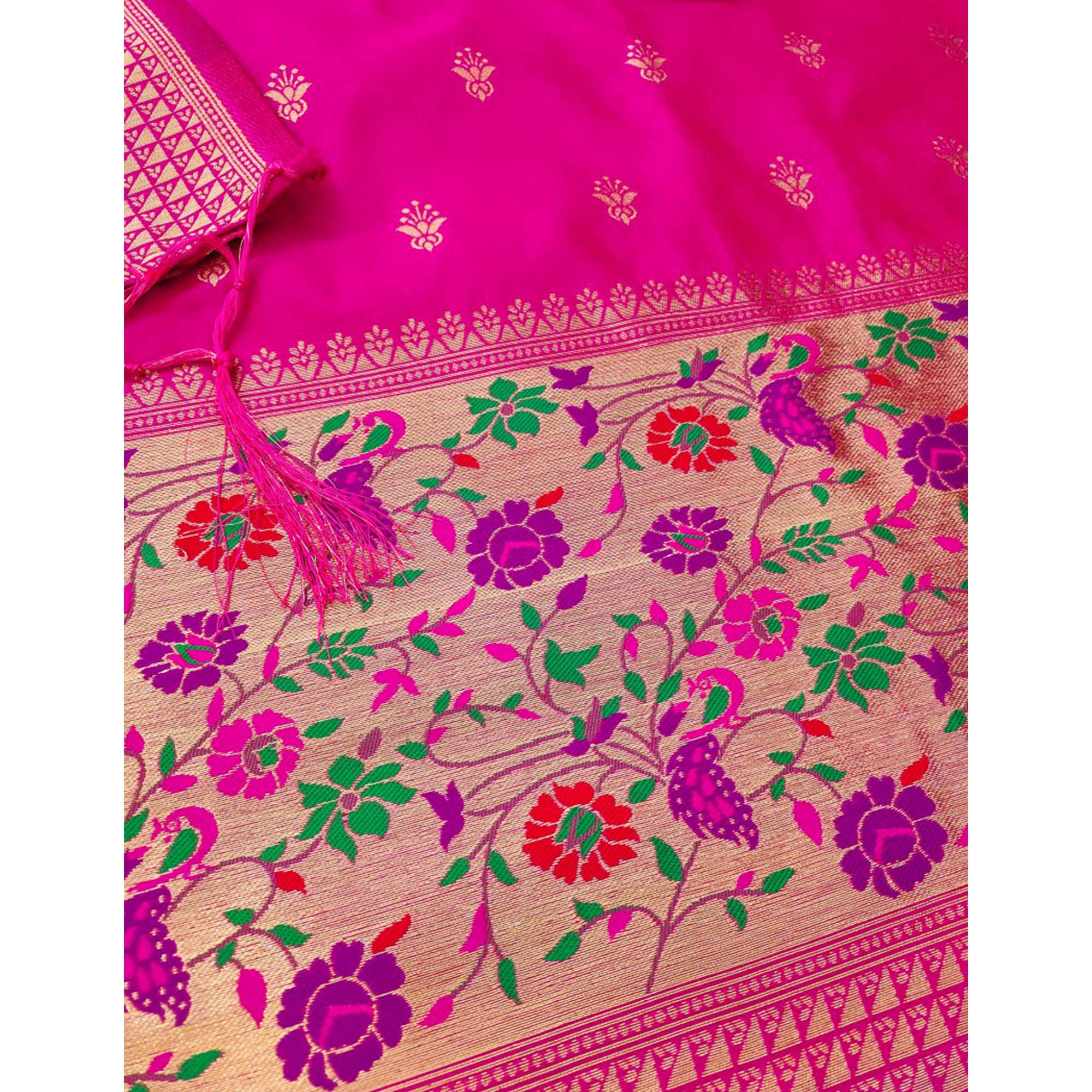 Rani Pink Floral Zari Woven Banarasi Silk Dress Material - Image 5