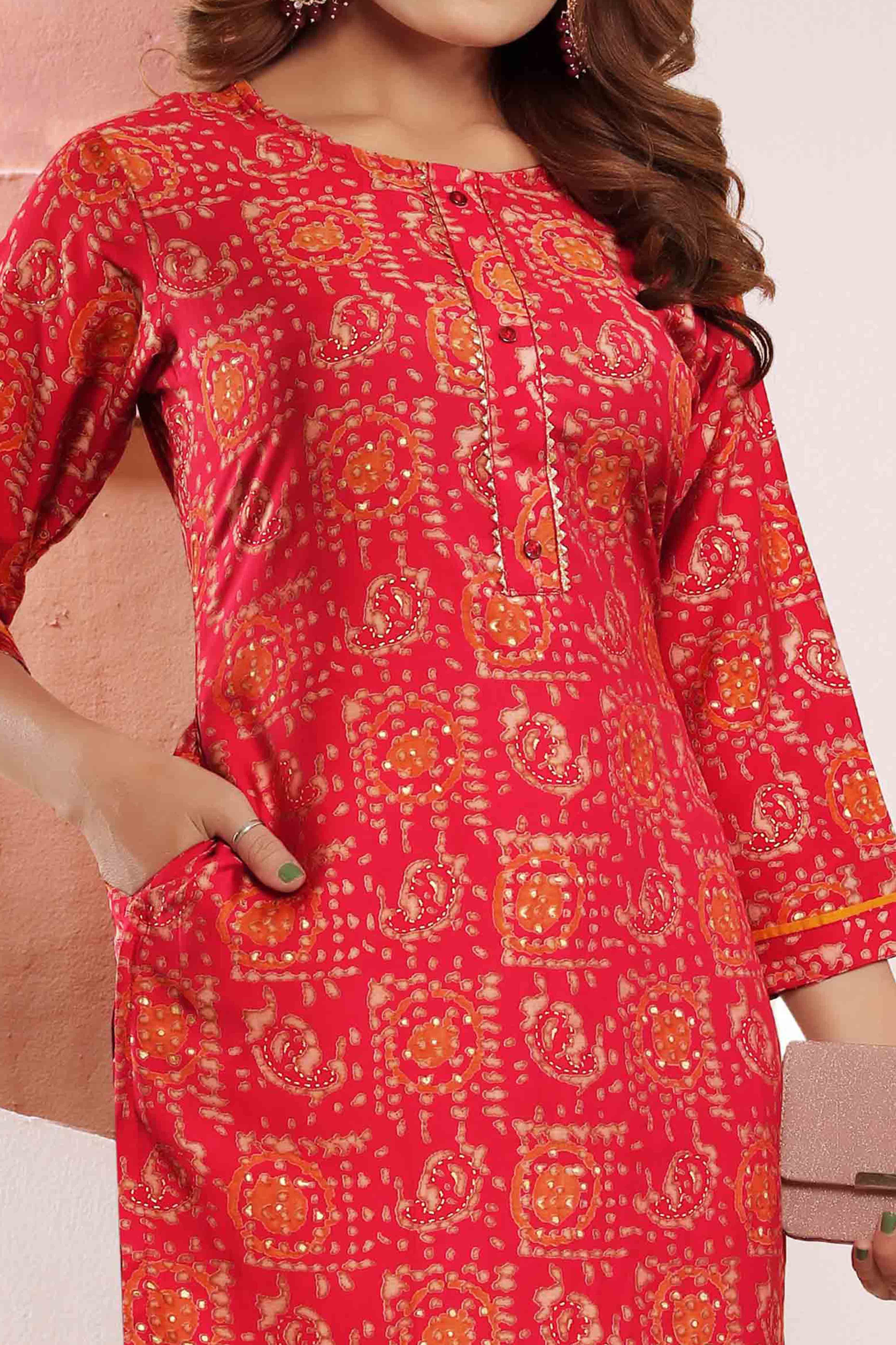 Rani Pink Foil Printed Muslin Viscose Kurti - Image 2