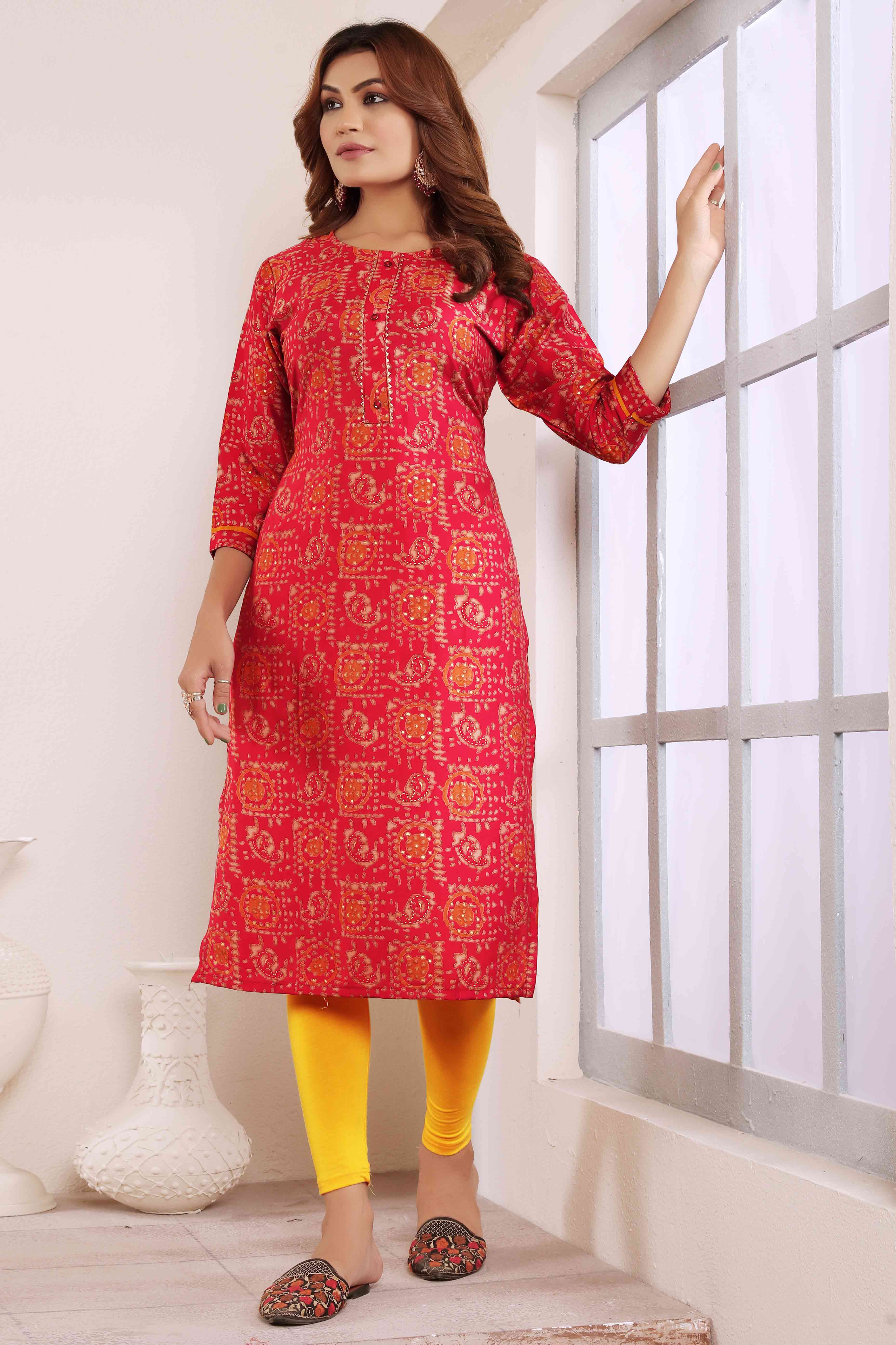 Rani Pink Foil Printed Muslin Viscose Kurti - Image 3