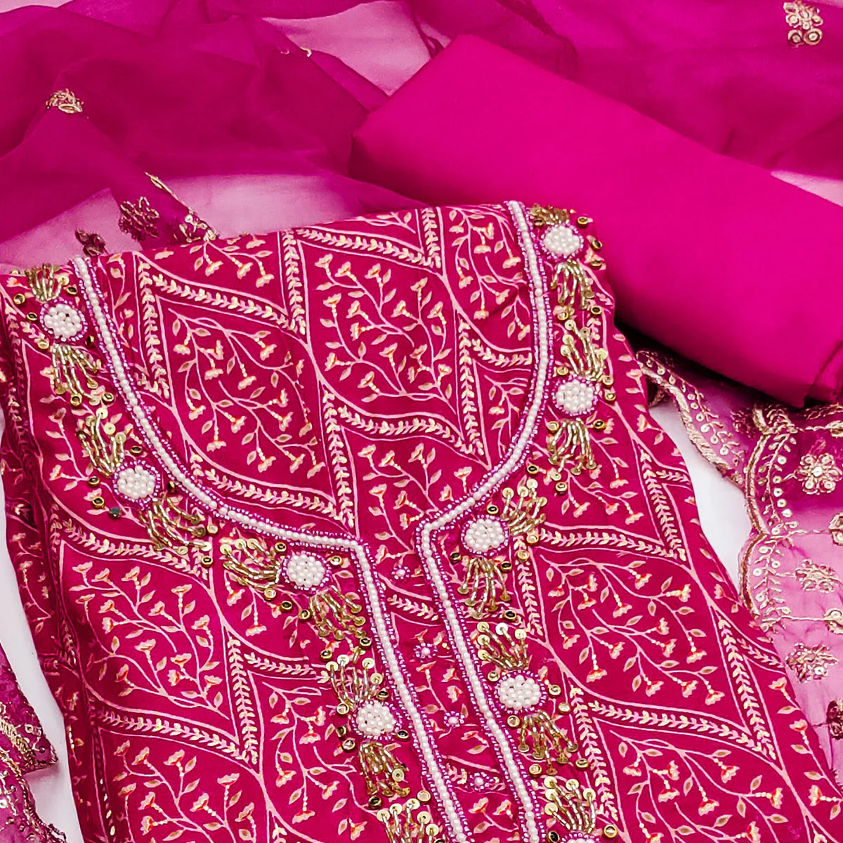 Rani Pink Foil Printed With Handwork Cotton Roman Silk Dress Material - Image 2