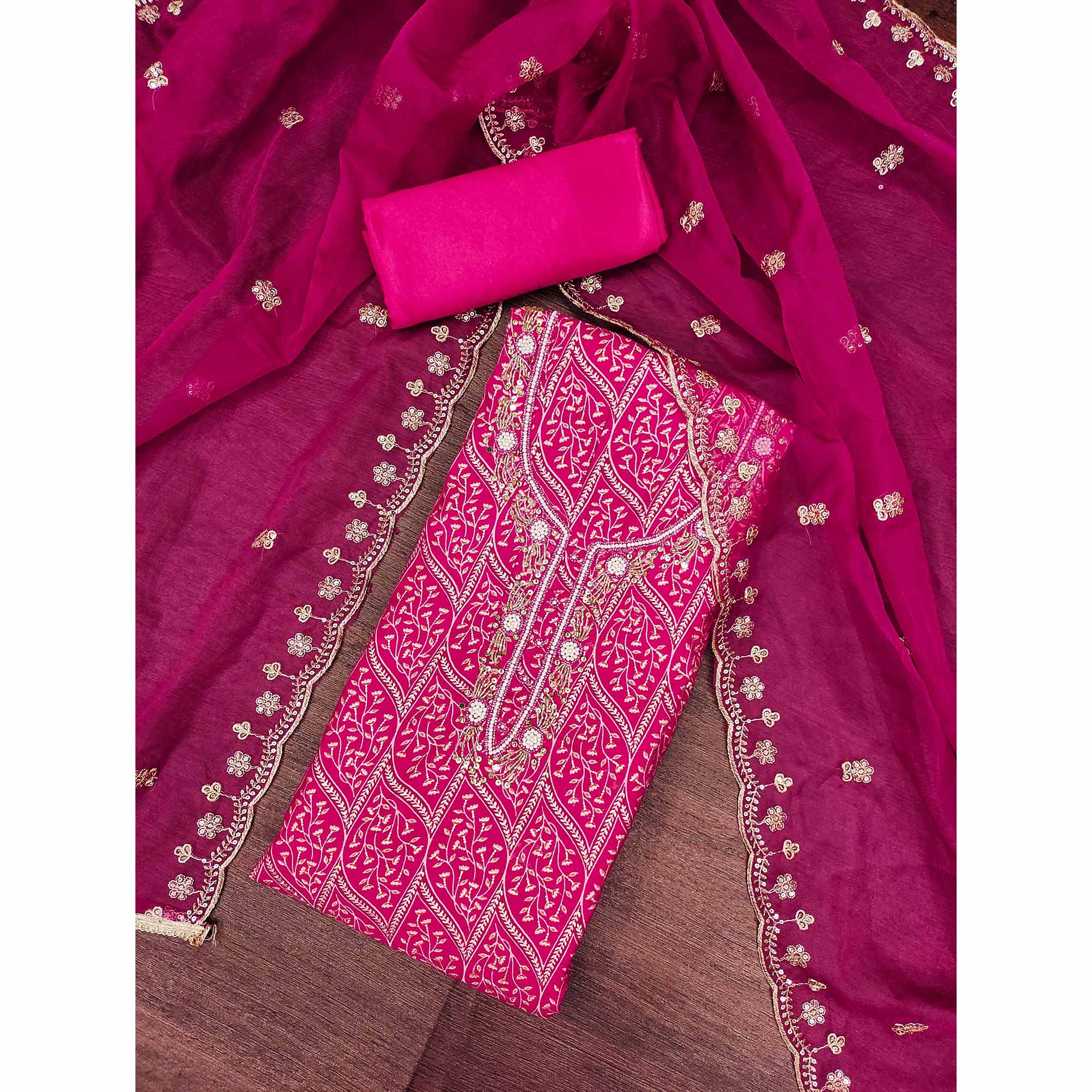 Rani Pink Foil Printed With Handwork Cotton Roman Silk Dress Material - Image 3