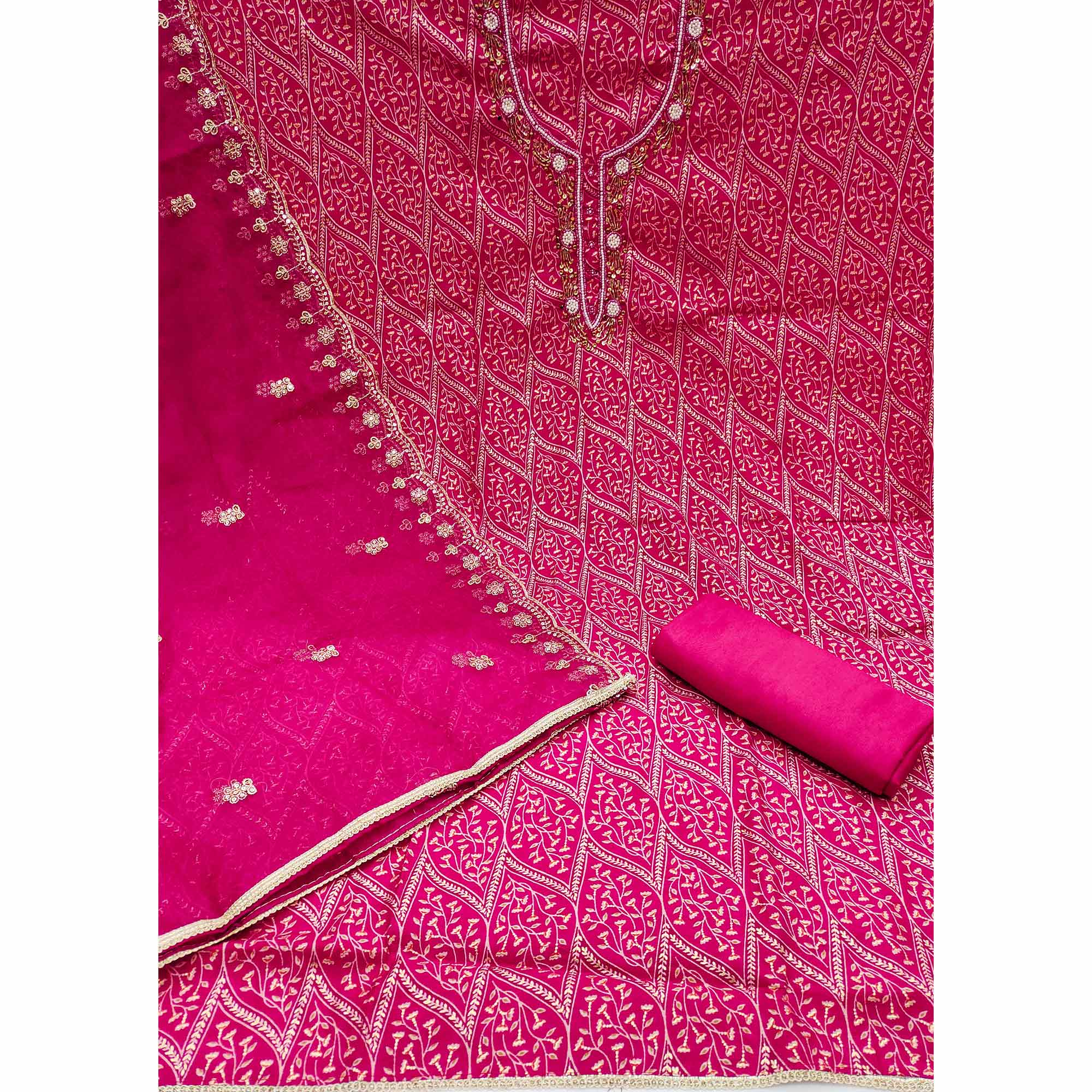 Rani Pink Foil Printed With Handwork Cotton Roman Silk Dress Material - Image 4