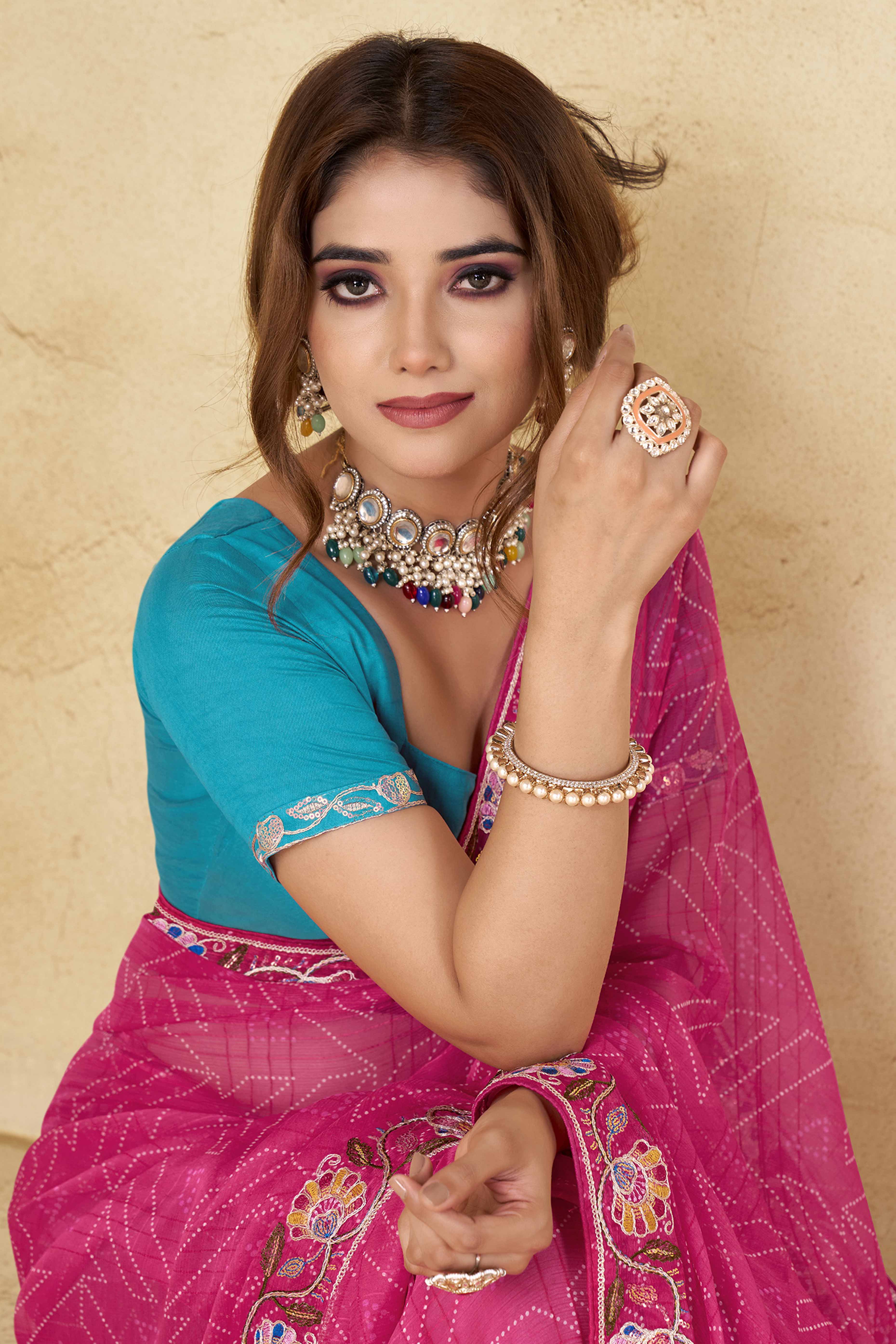 Rani Pink Geometric Printed Chiffon Saree Accented With Floral Sequins Embroidered Border Work - Image 3