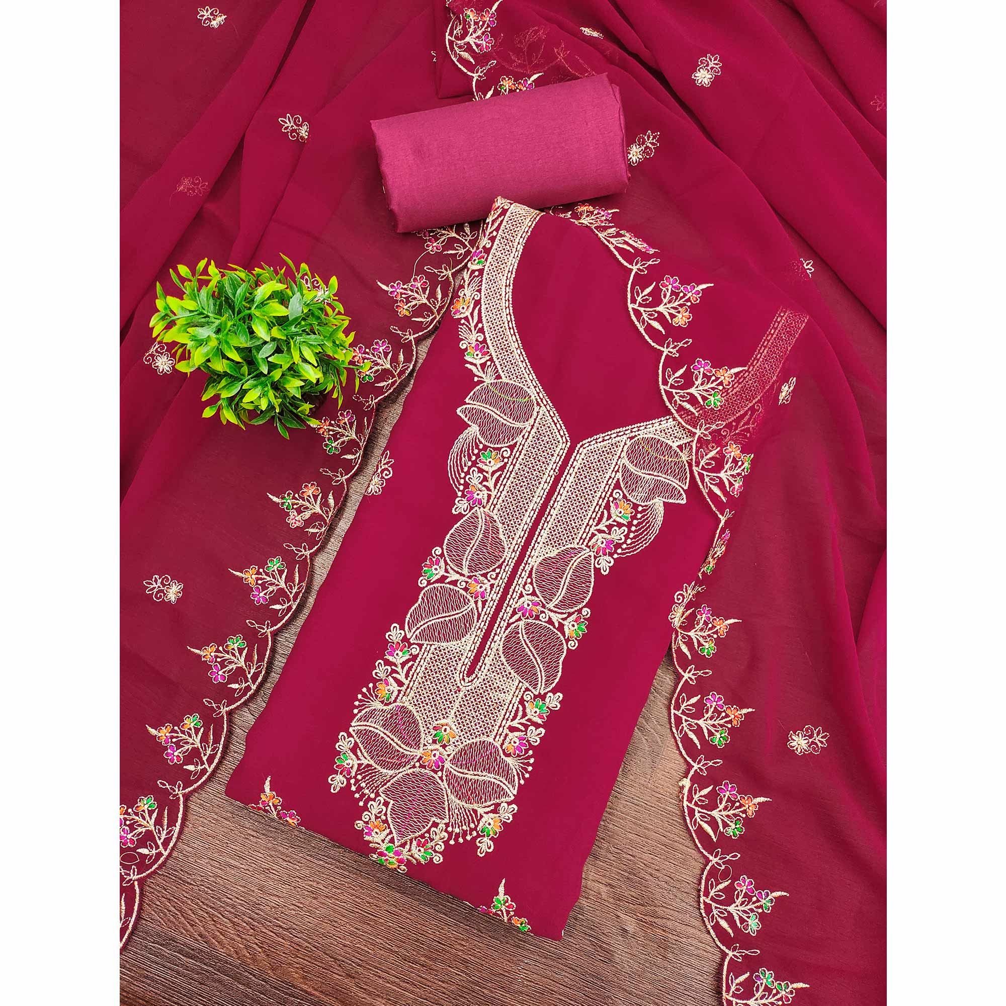 Rani Pink Georgette Dress Material Adorned With Floral Embroidery & Elegant Lace Border - Image 3